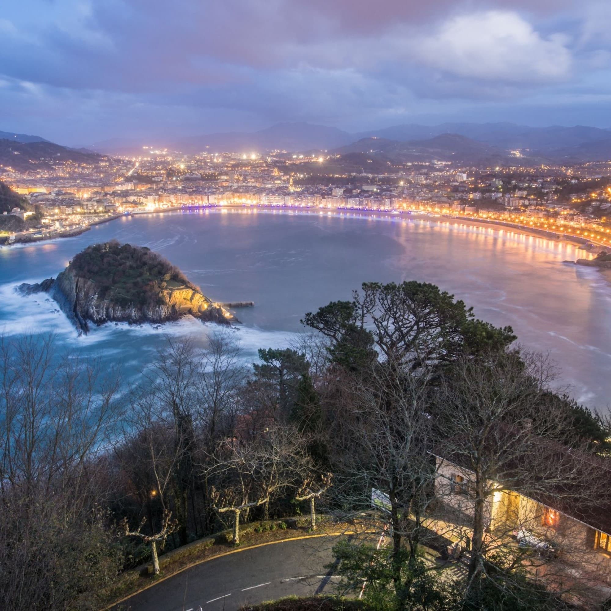 A landscape of buildings and trees near the seashore