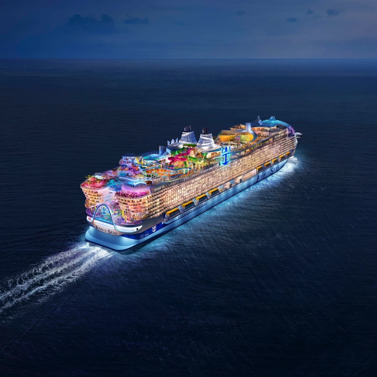 A majestic cruise ship sails the ocean at dusk, its lights a beacon in the twilight.