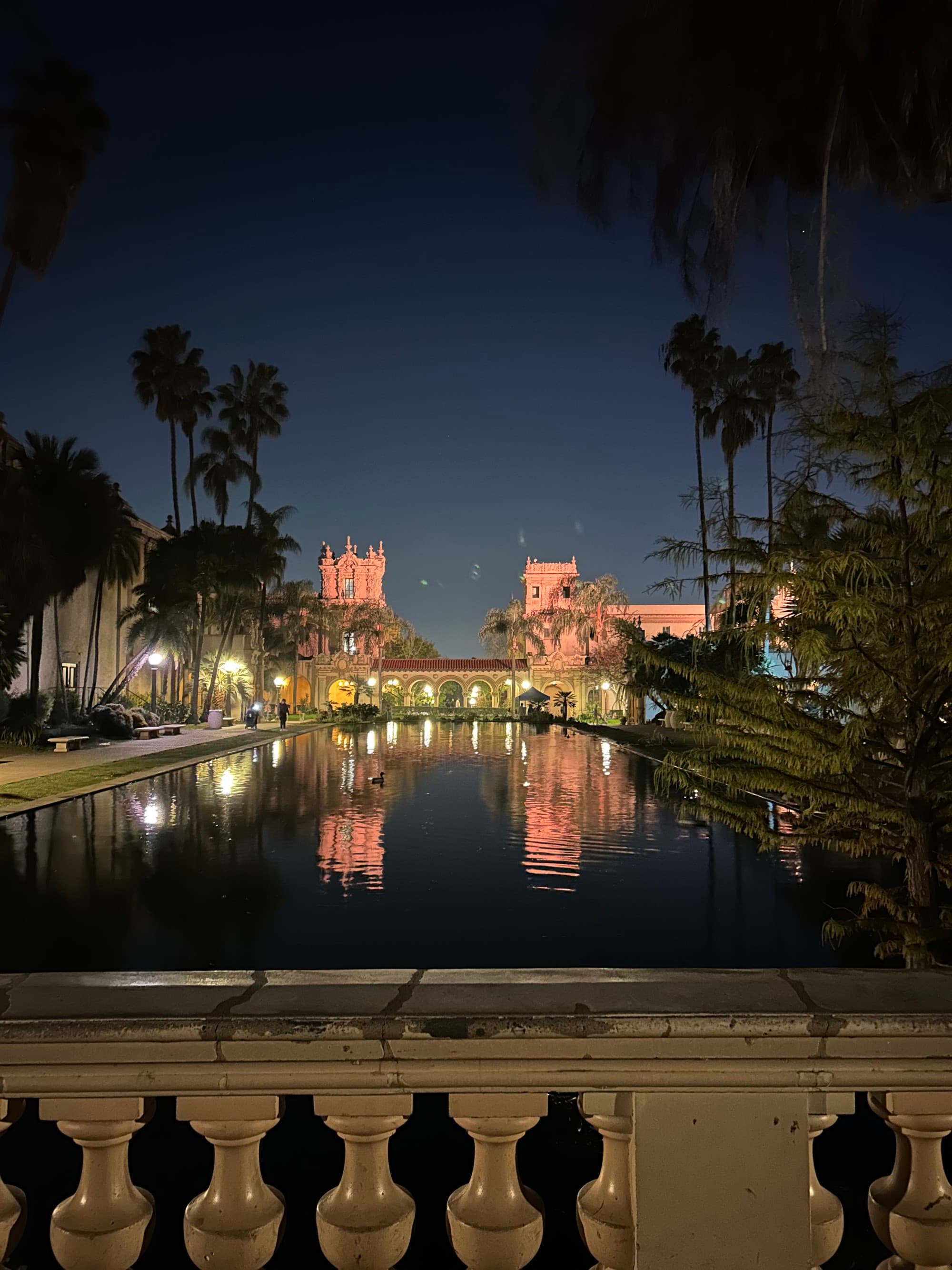 View of pink buildings and palm trees and their reflections in a river at night, as seen from a bridge in Balboa Park.