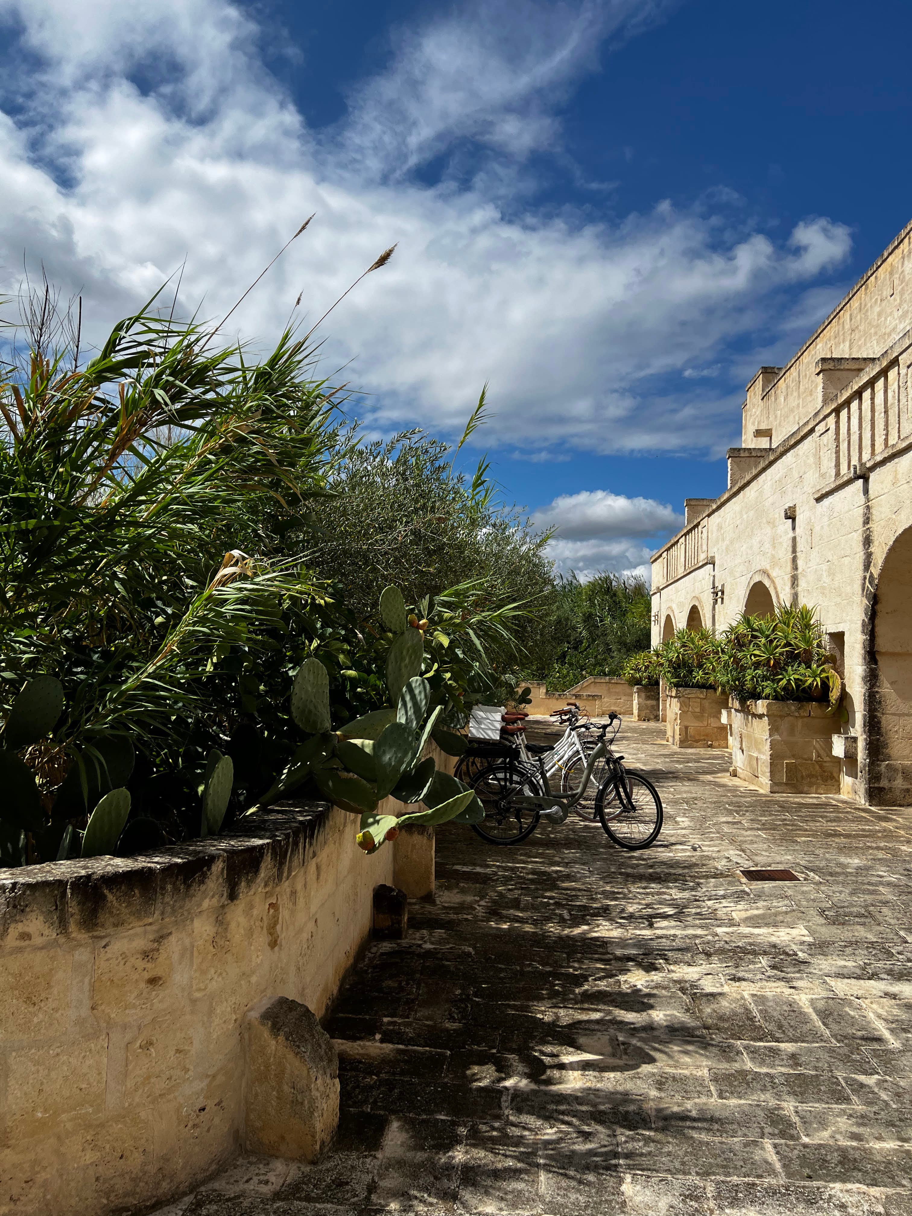 A brick pathway with bicycles parked against a stone wall and a white historical building with archways and plants on one side during the day.