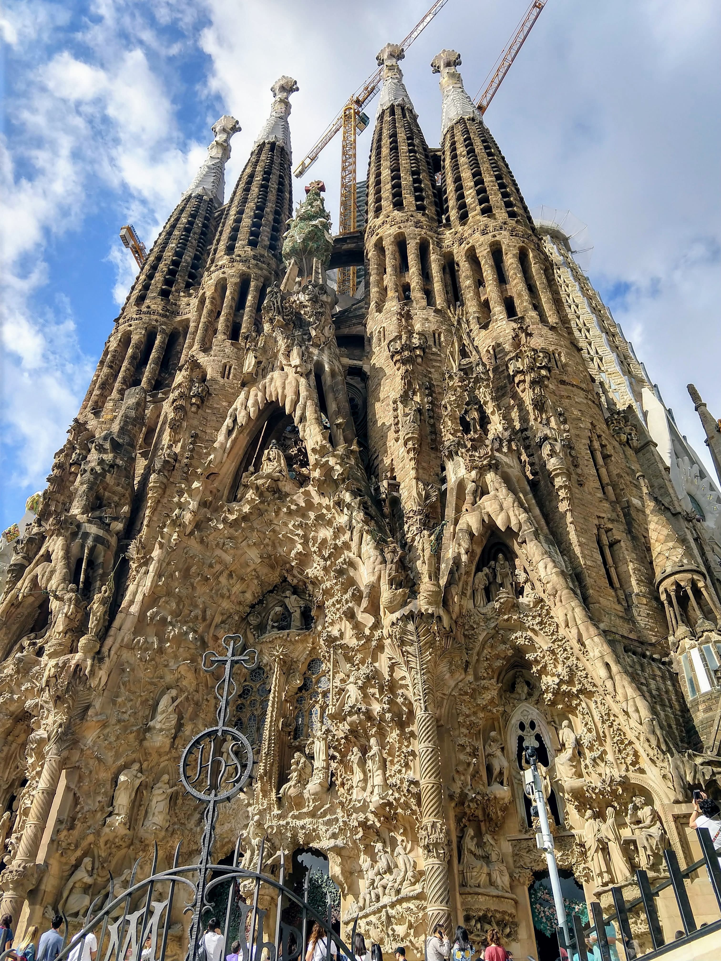 The close-up view of Sagrada Família shows its amazing architecture.