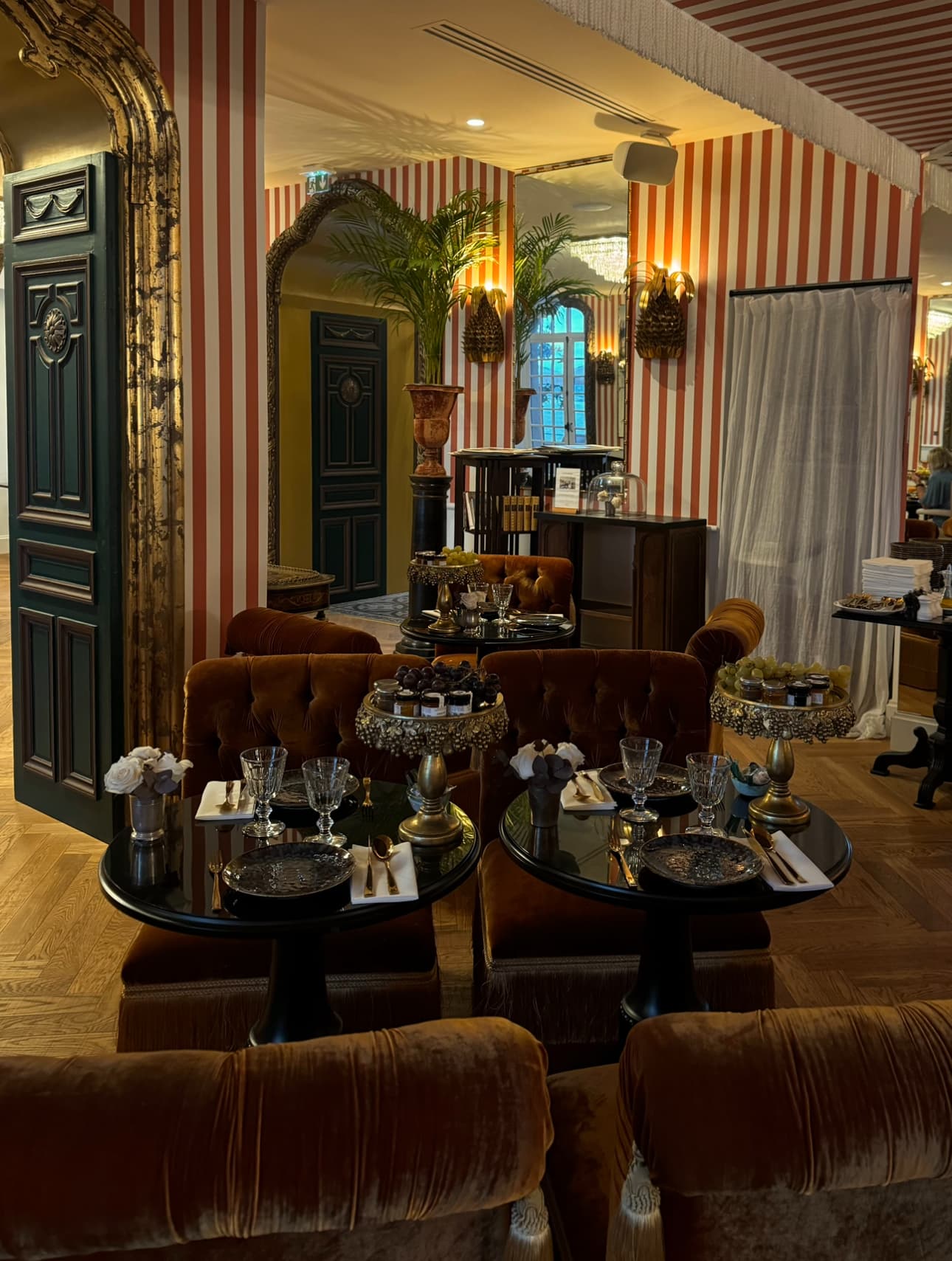 A dimly-lit dining room