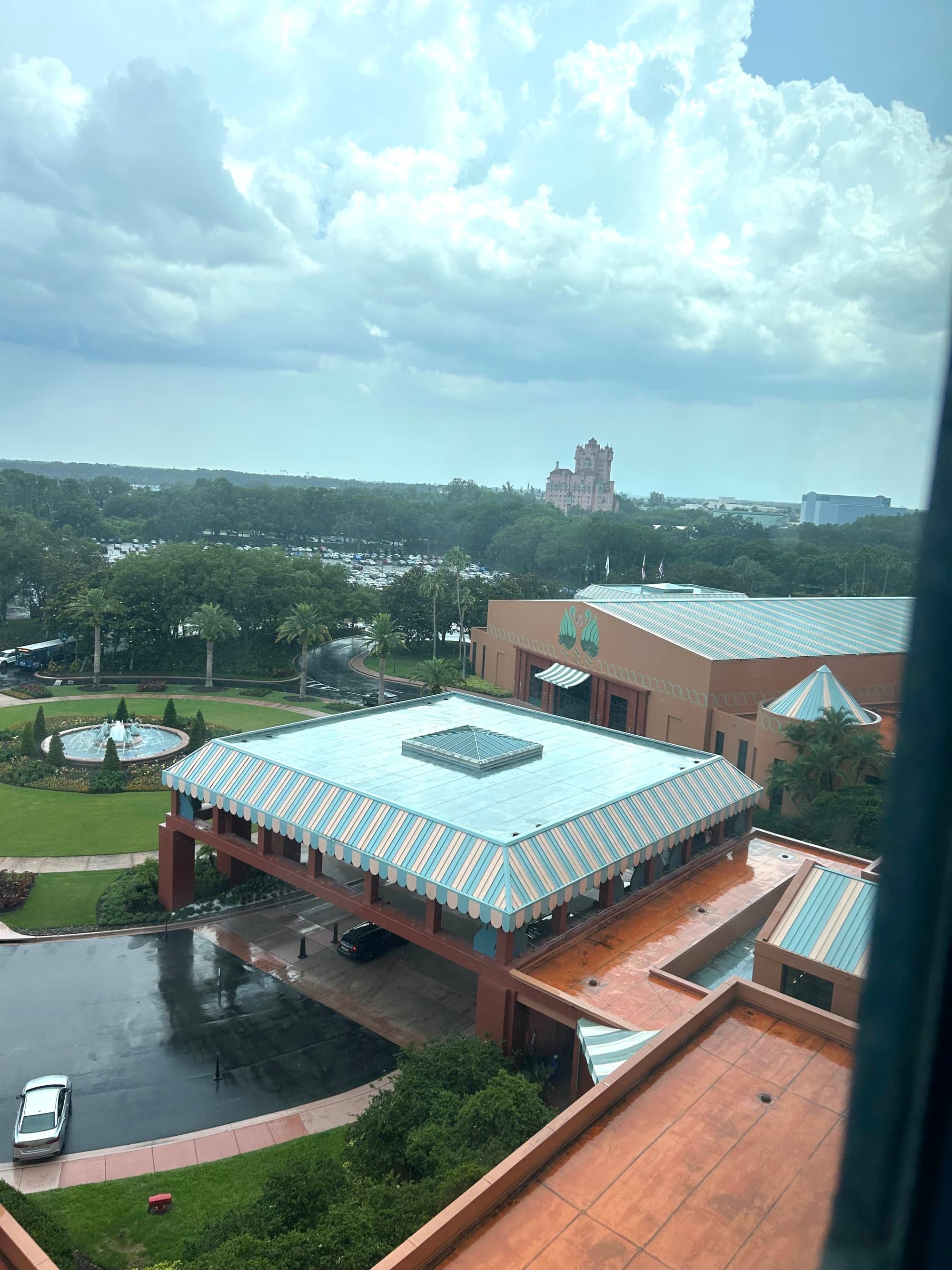 View from a hotel window on a cloudy day.