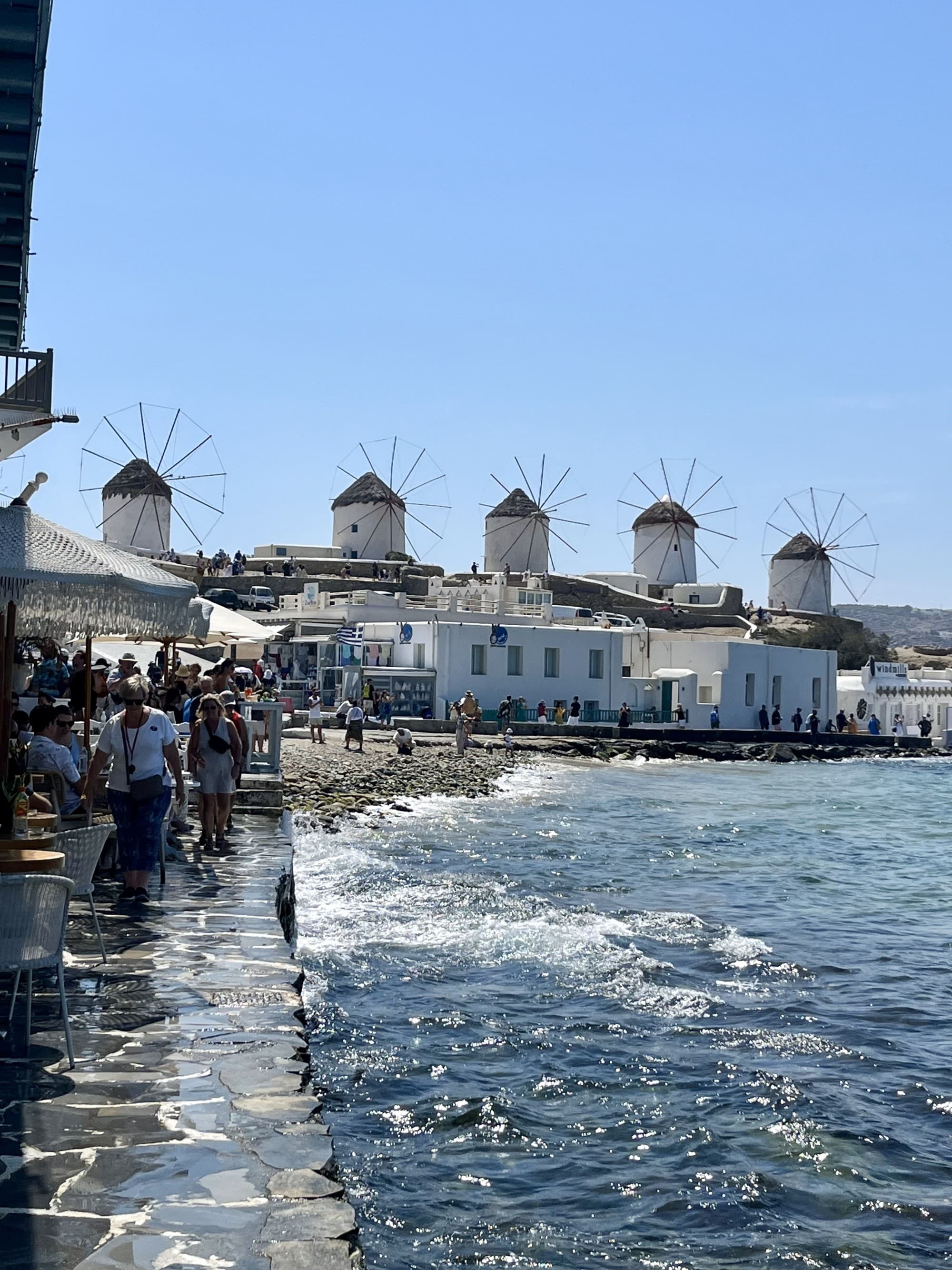 A view of shoreline with people walking and large windmills in the background.