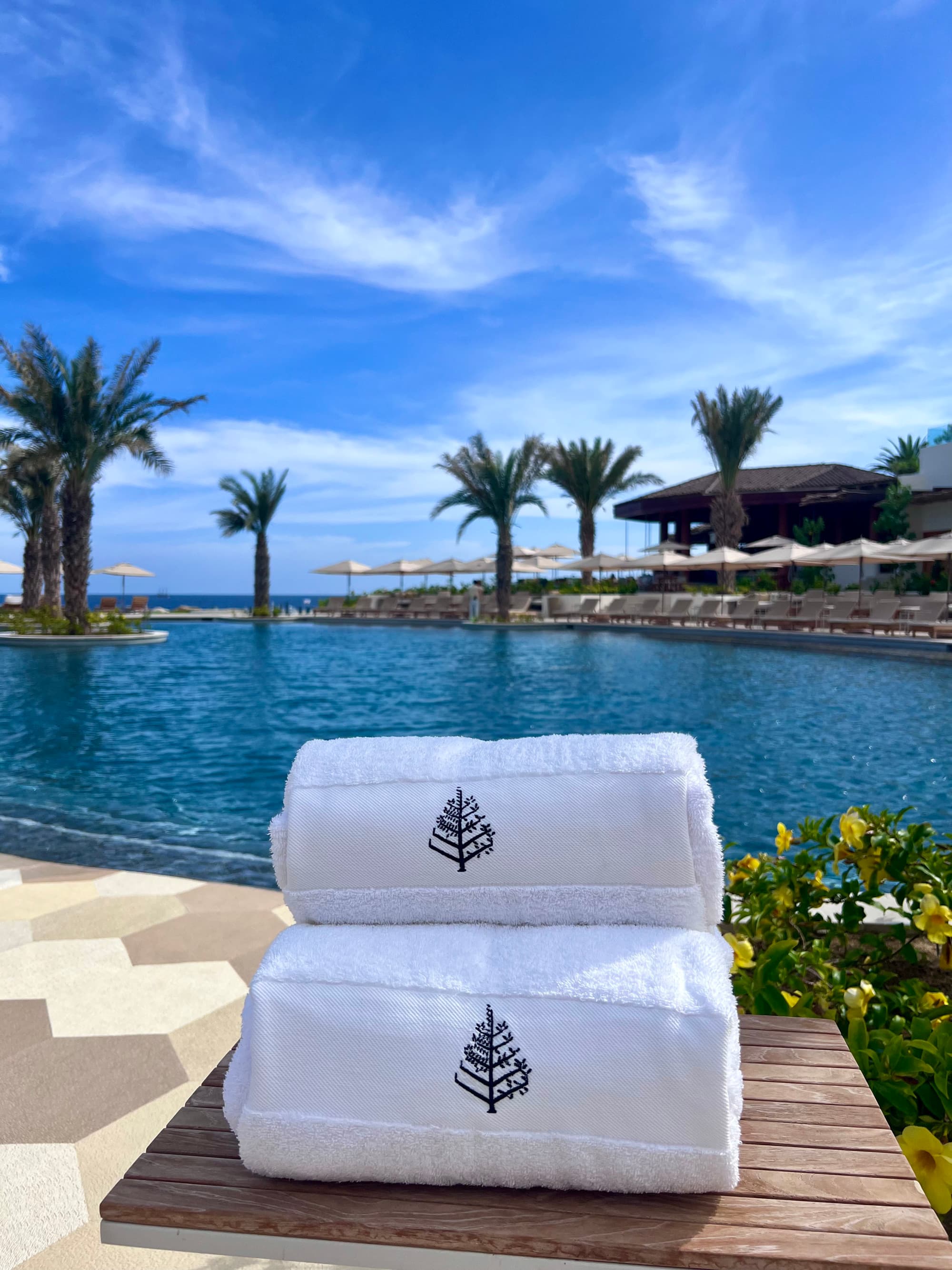 A view of a pool with two white towels with the Four Seasons logo.