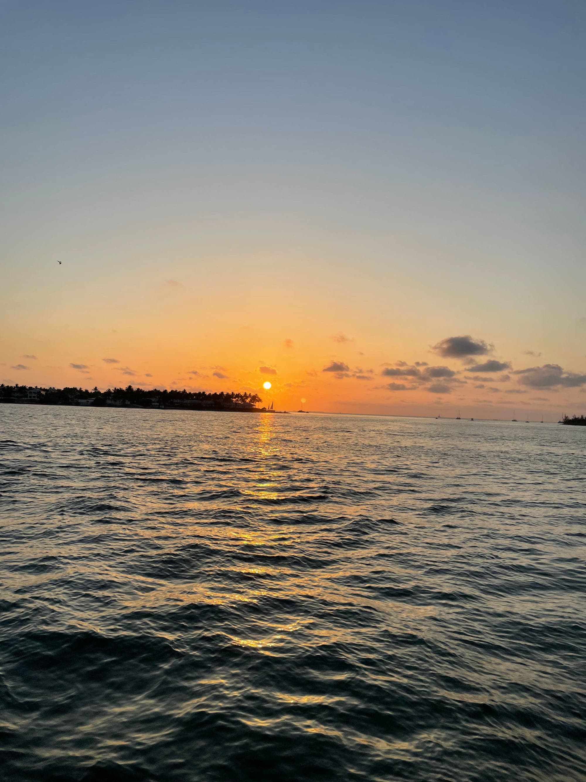 The image captures a serene sunset over the ocean, with the sun’s descent casting a warm, reflective glow on the water.