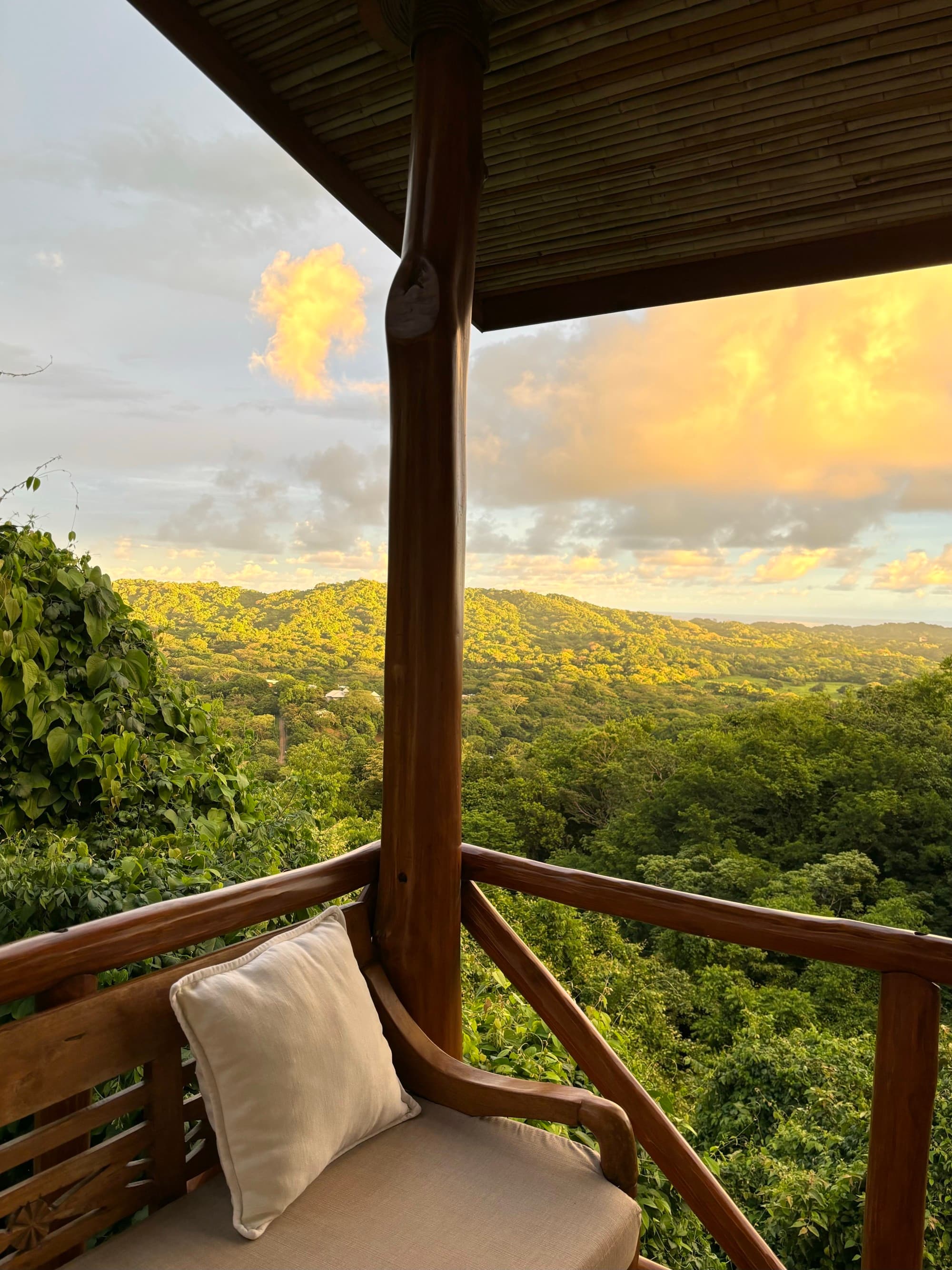 The image offers a scenic view of a lush green forest from a wooden balcony, complete with a single cushioned chair during sunset, exuding tranquility.