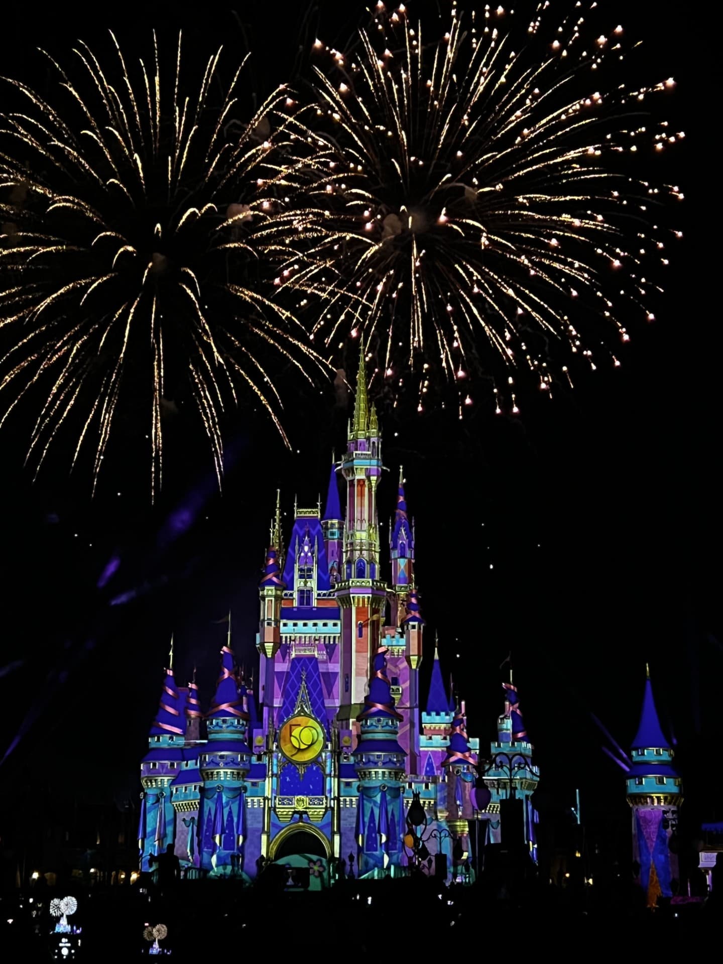 Fireworks on a well lit castle at Disney.
