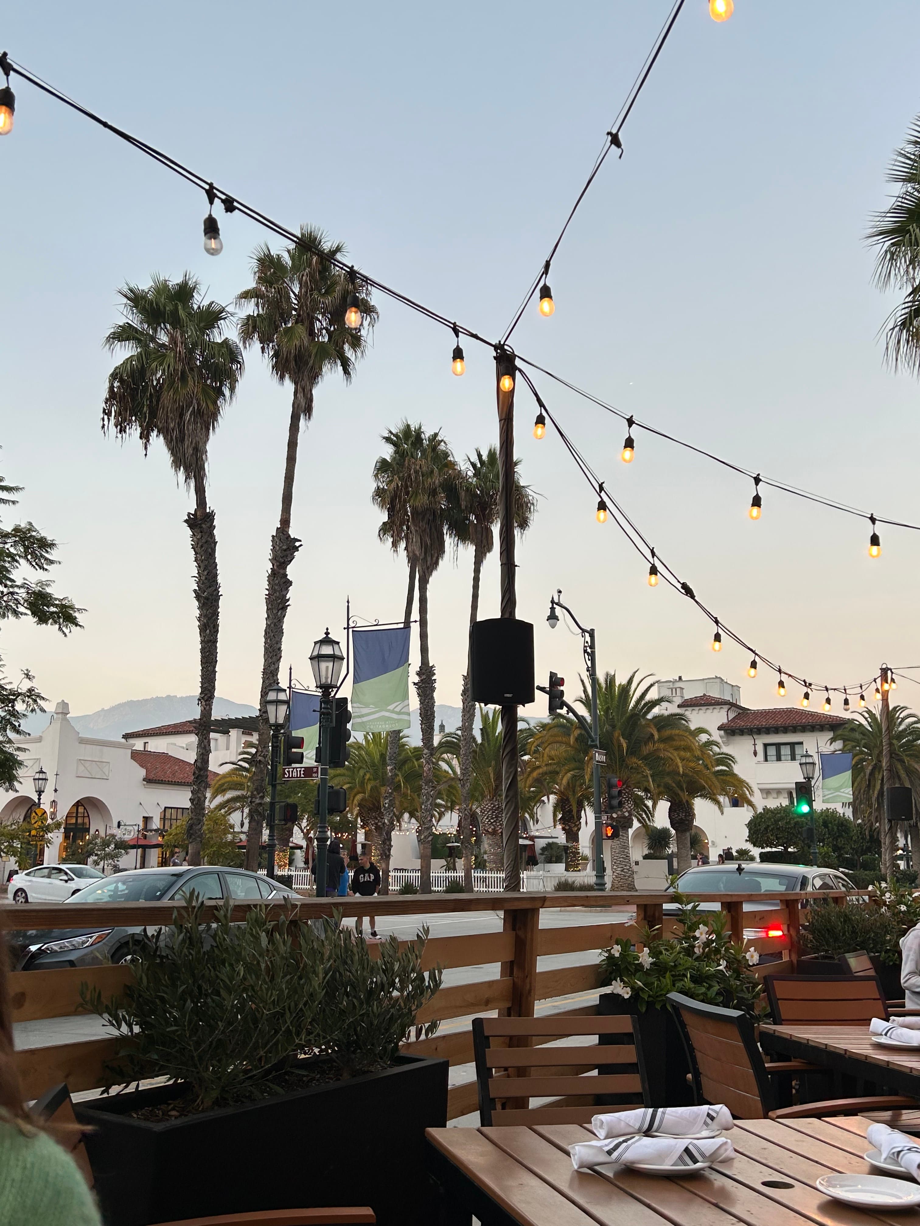 Sunset on State Street at dusk with palm trees and lights in the distance.