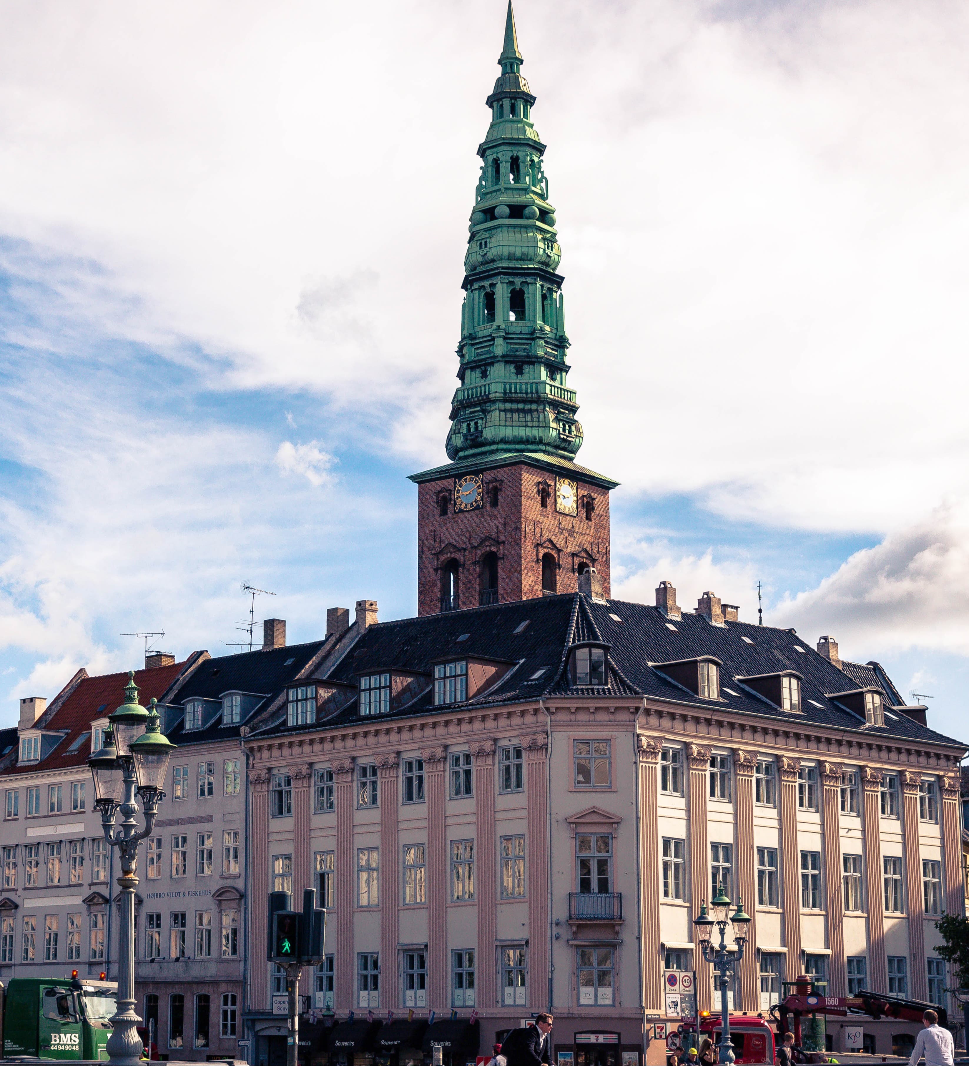 View of the clock tower in Copenhagen on a sunny day.