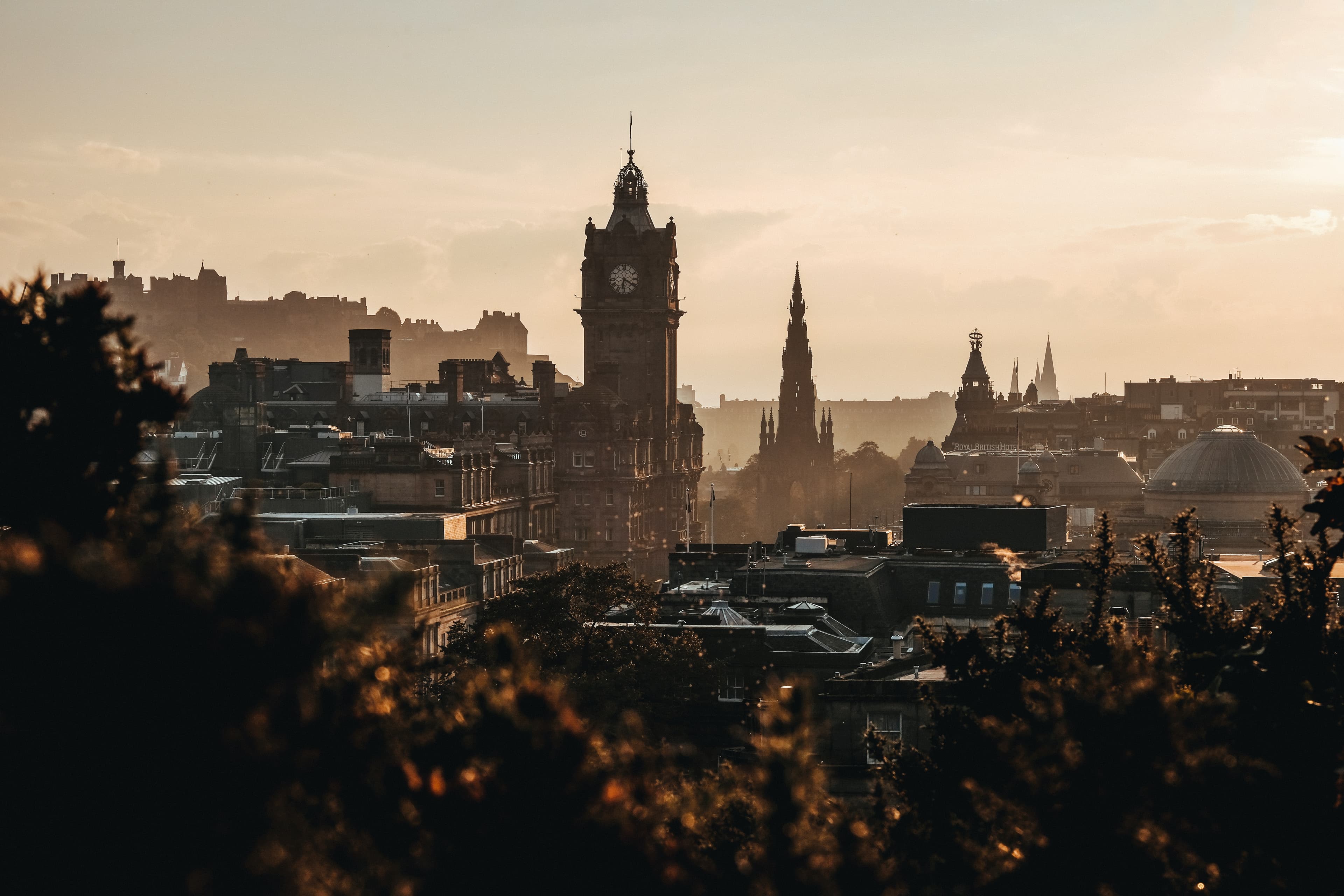 An aerial view of the city at dawn.