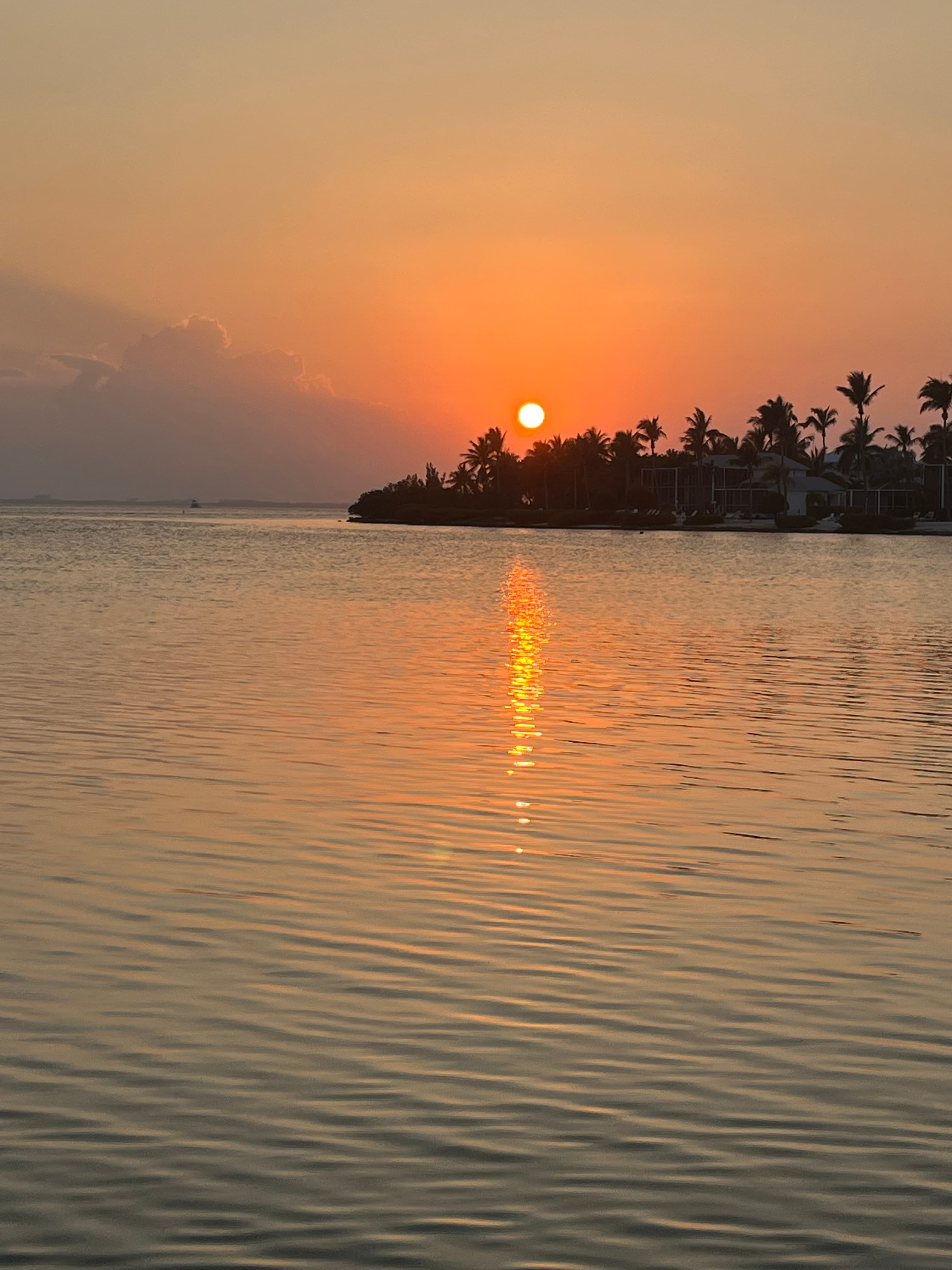 A bright orange sunset over Rum Point, a small peninsula with palm trees jutting out into the sea in the distance.