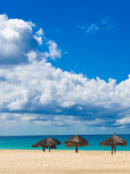 Huts on a sandy beach by a turquoise ocean.