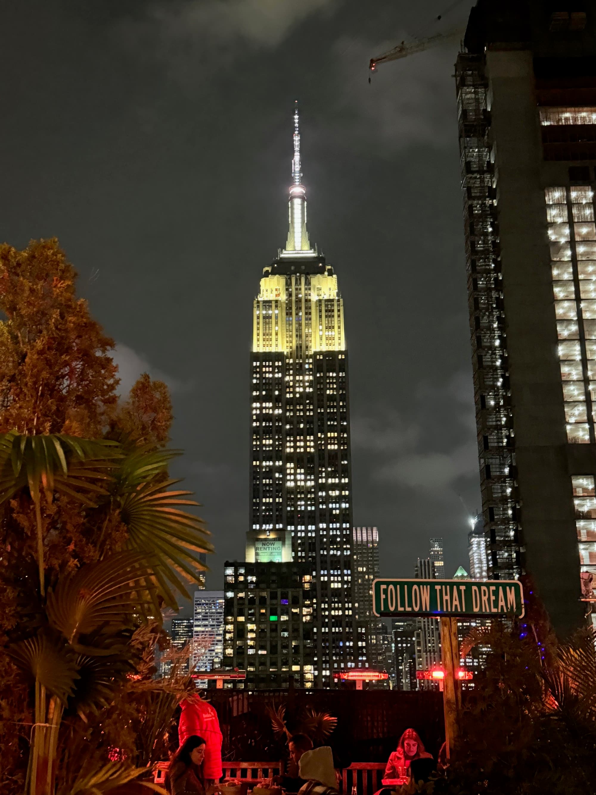The image displays the Empire State Building at night, brilliantly lit amidst the surrounding urban landscape.