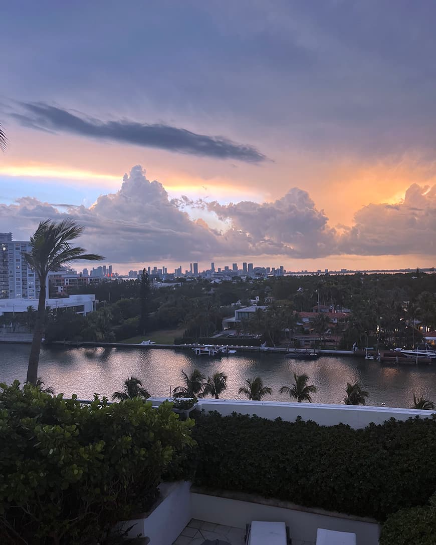 This image depicts a blue and golden sunset with a pond, trees and cityscape in the surrounding area.