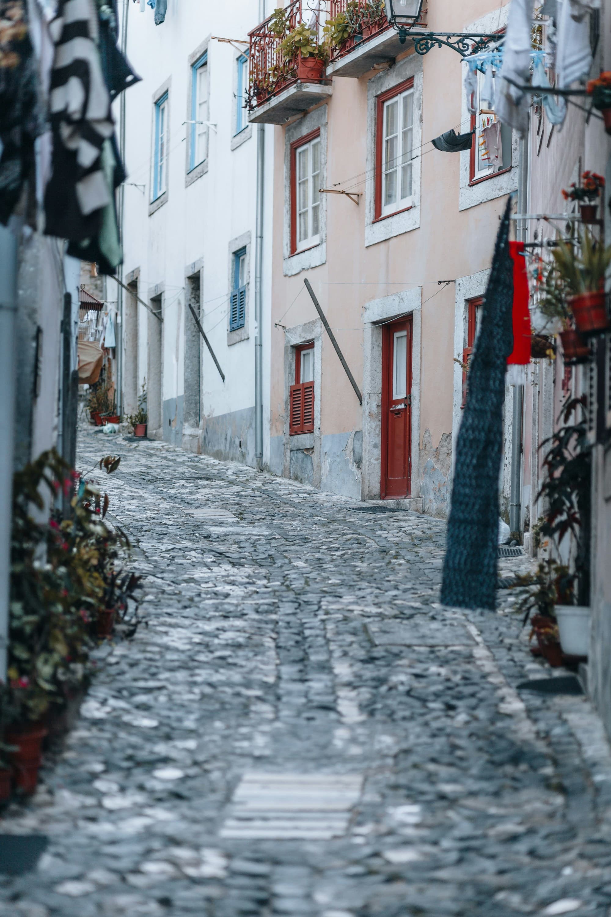 A cobblestone alleyway lined with colorful buildings, greenery and fabric.