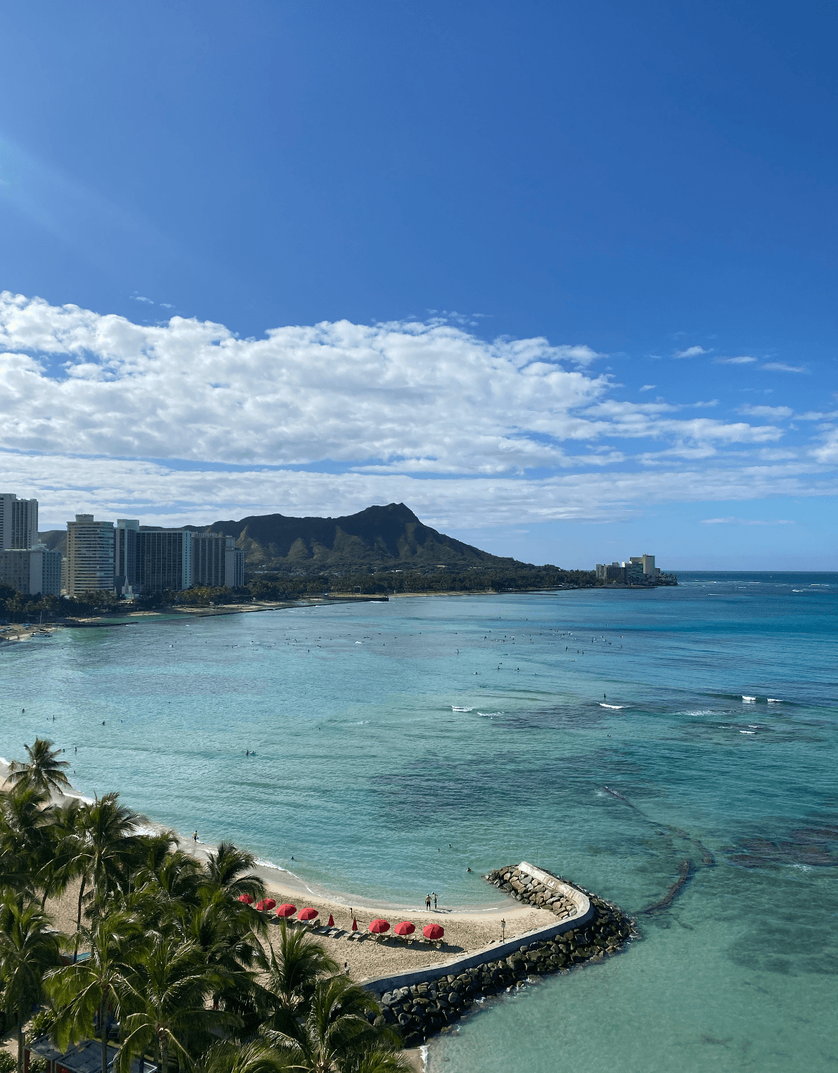 An aerial view of the bay in Oahu and beautiful turquoise waters