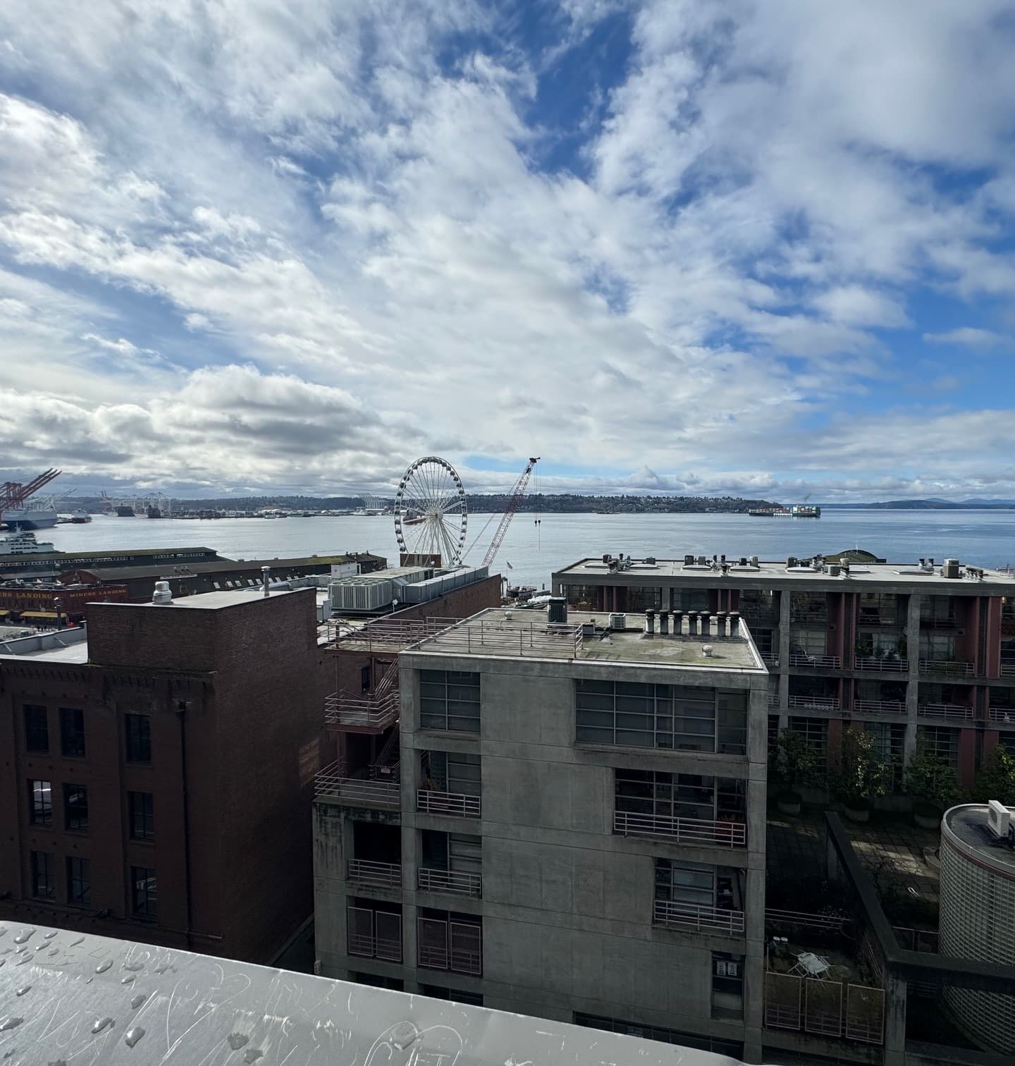 A view from a rootop in Seattle of other rooftops and the ocean in the distance