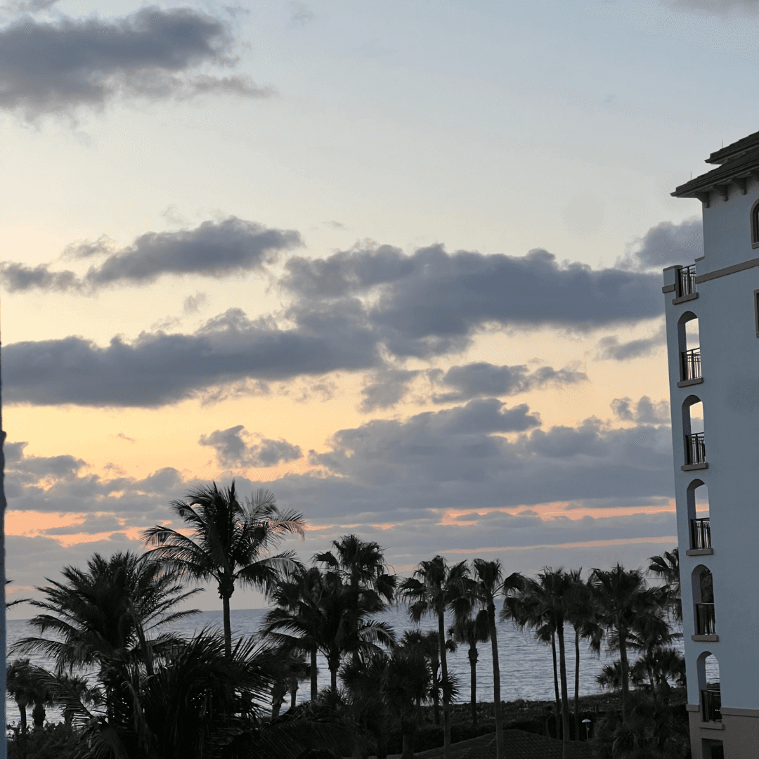 Sunrise on a beach with palm trees, fluffy gray clouds, and a hotel building.