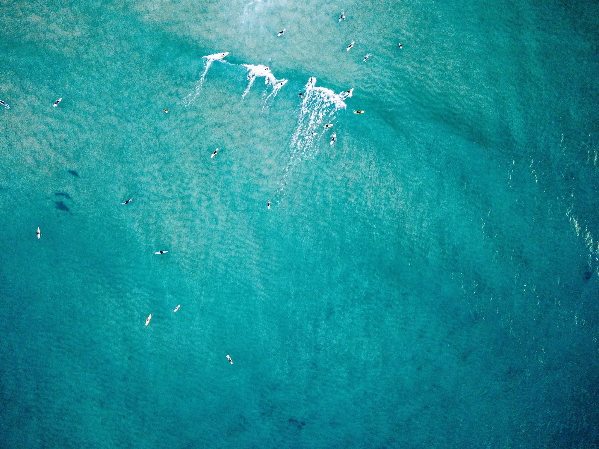 Aerial view of the ocean with many surfers swimming