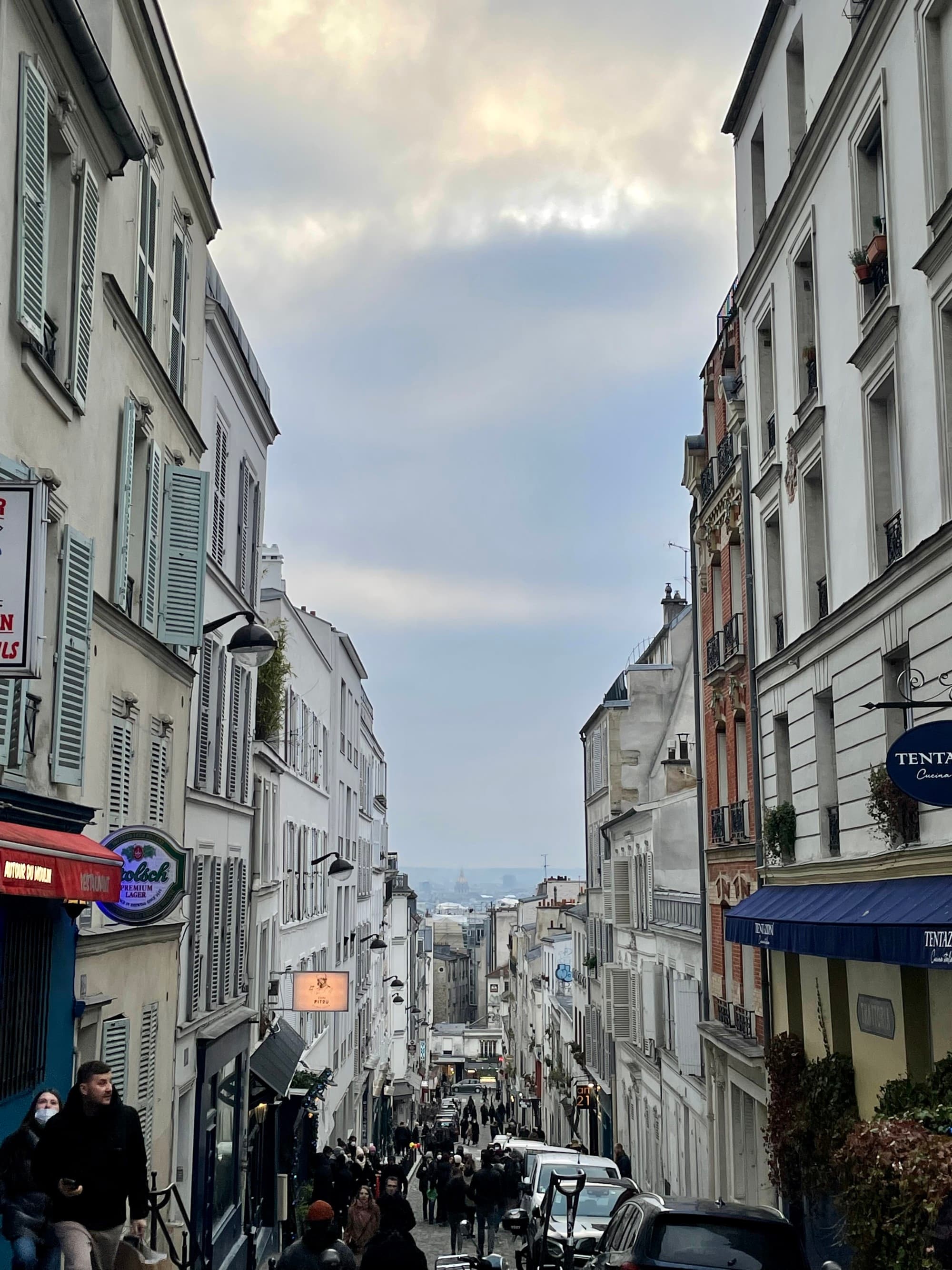 The image portrays a vibrant street scene in a Paris, bustling with people and lined with classic architecture under a cloudy sky.