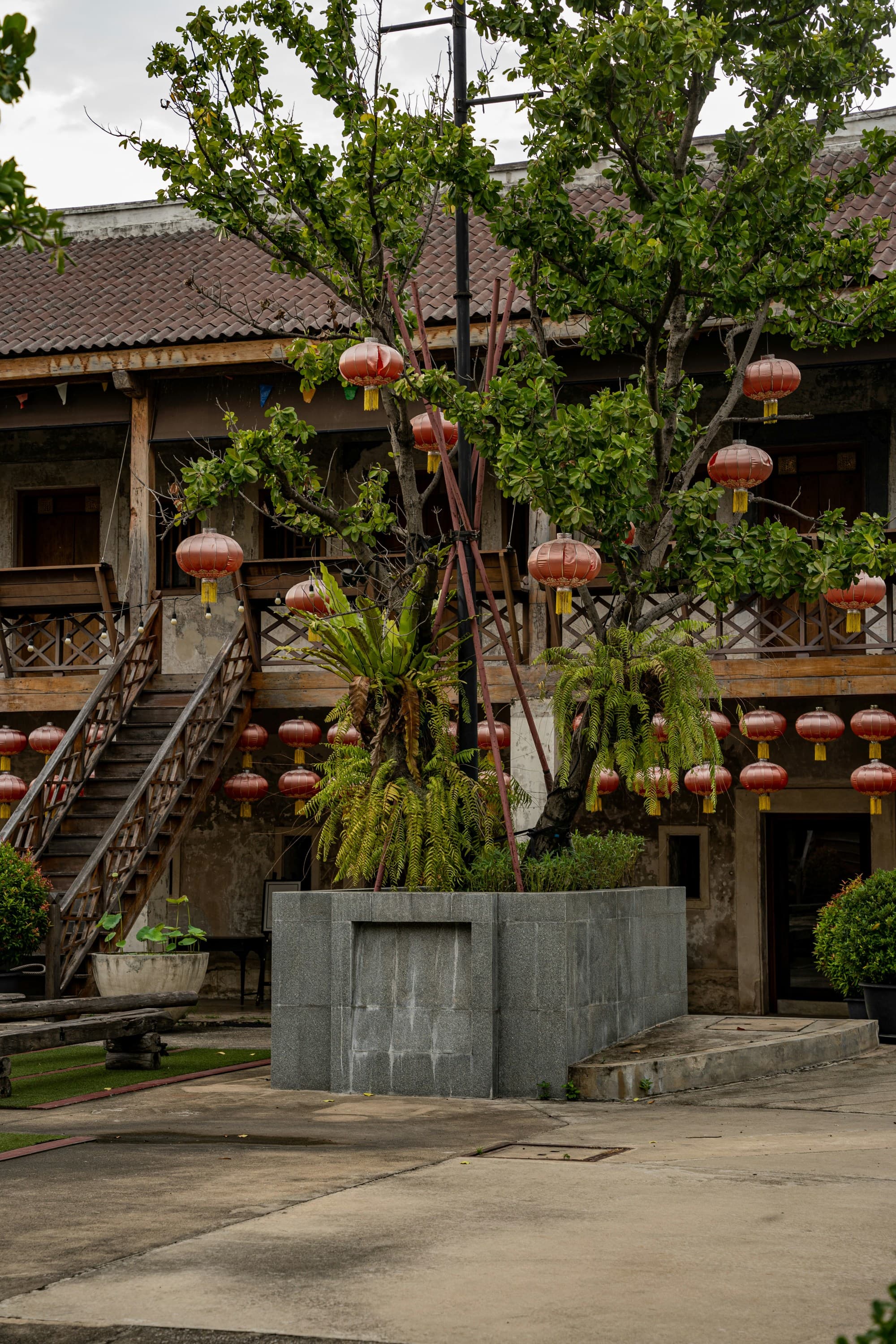 A serene setting featuring a tree festooned with red lanterns, standing before a traditional building with wooden staircases.