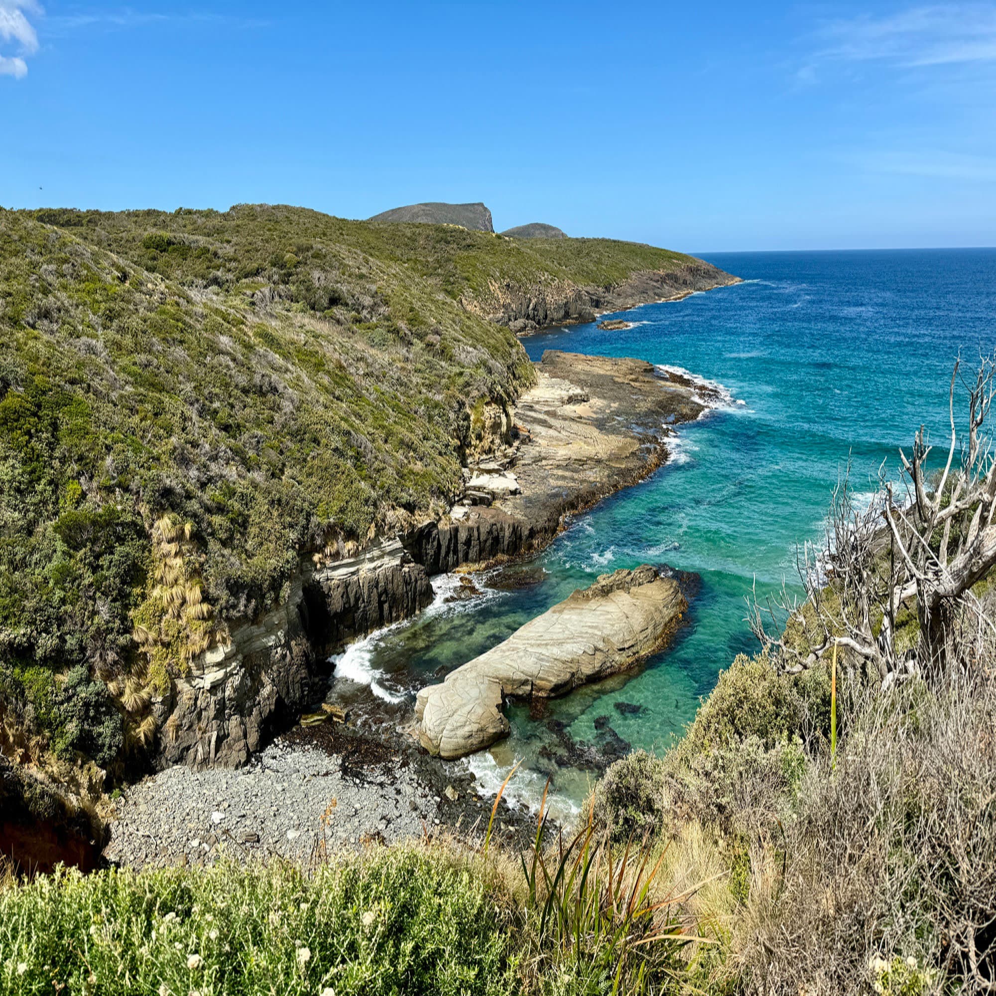 An aerial view of the green hills near the water during the daytime.