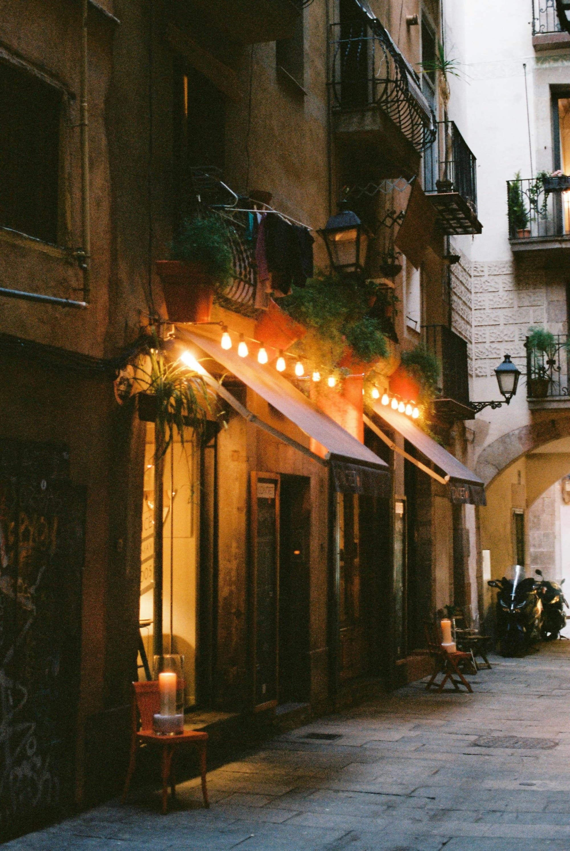 A picture of a string of lights at the entrance of a store.