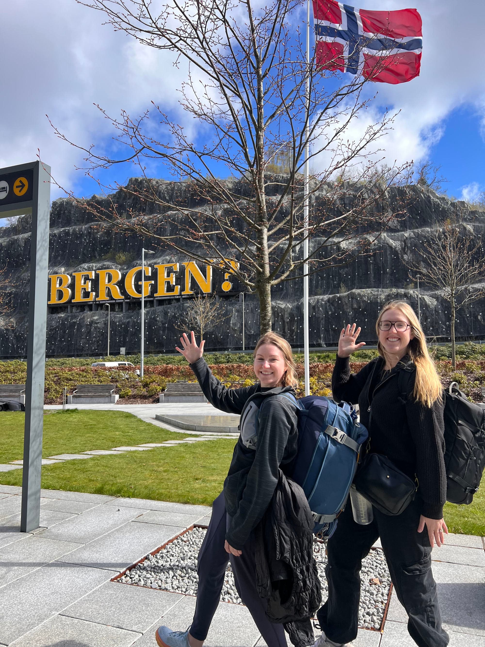 Two women posing near sign saying Borgen.