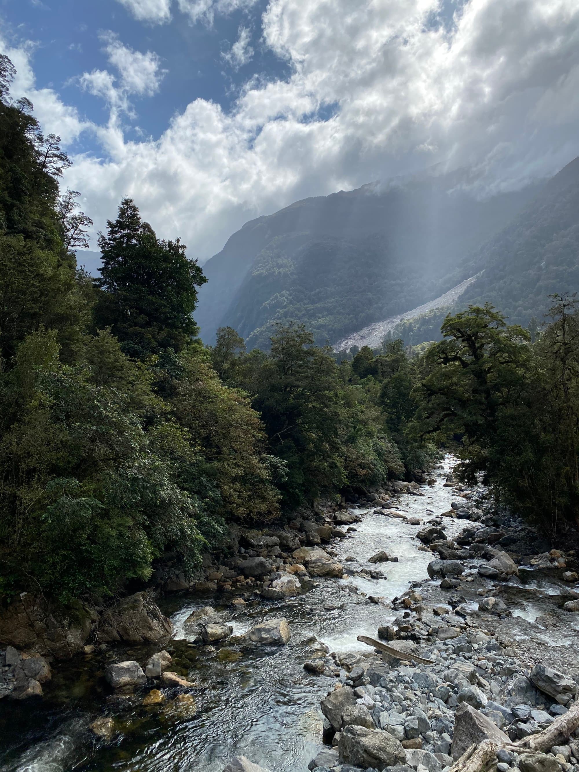 River flowing between a forest with large mountain scapes.
