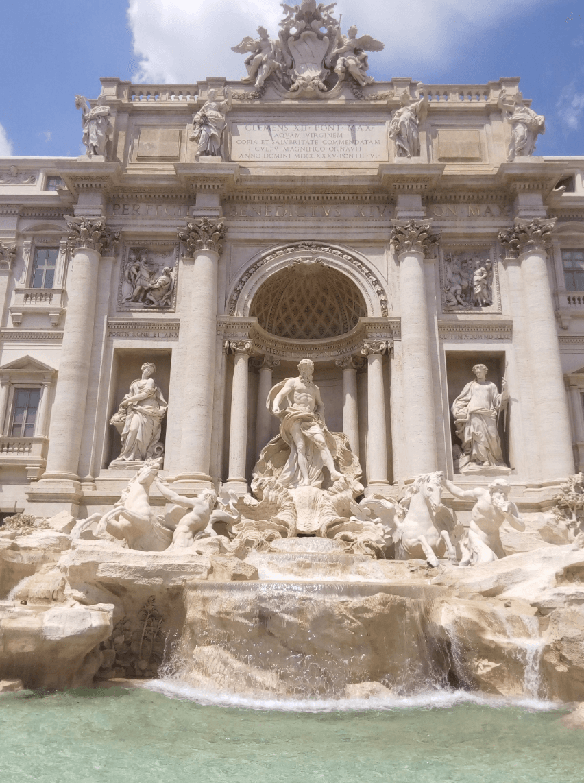 A view of the beautifully carved statues at the Trevi Fountain in Rome.