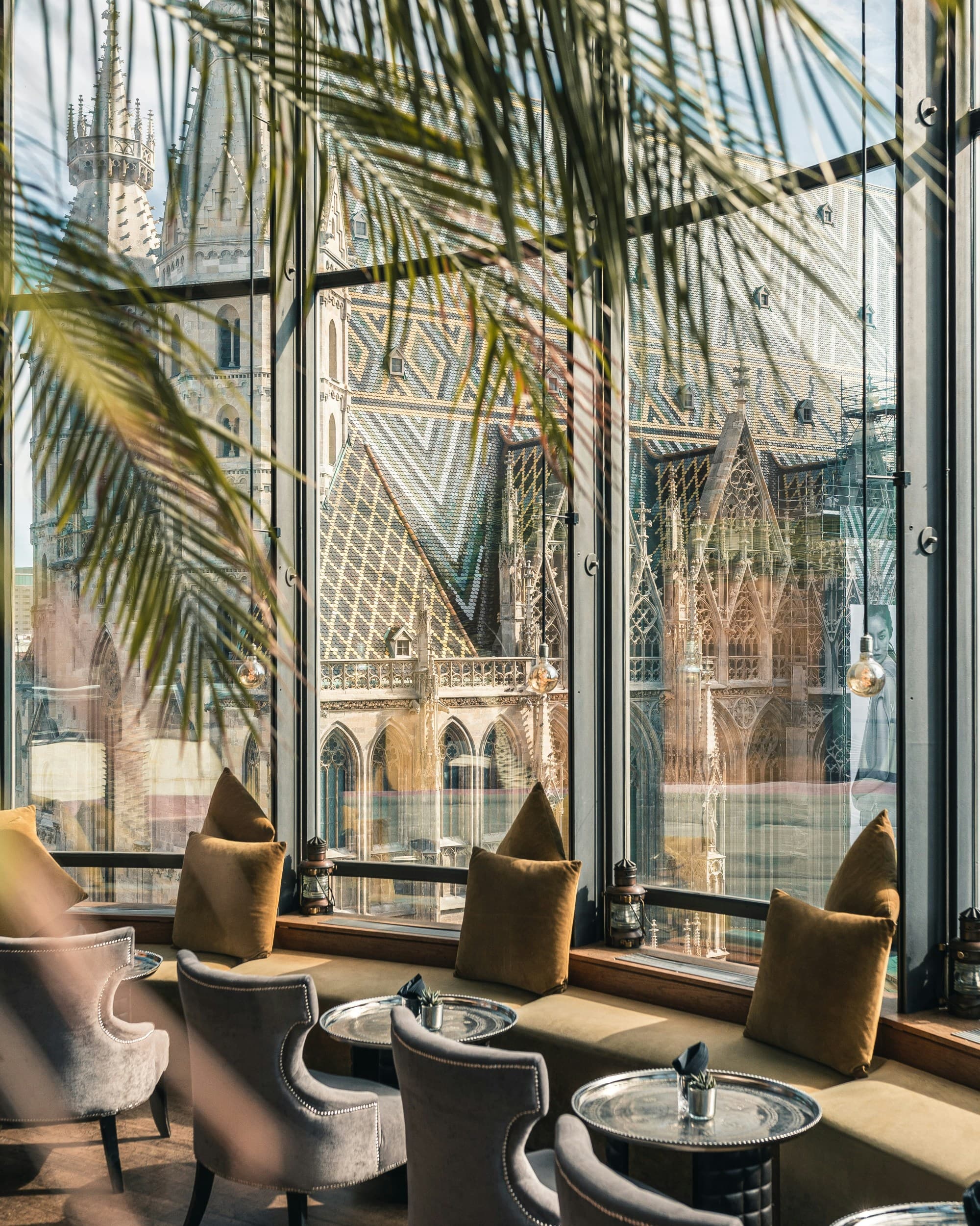 A picture of brown and white chairs and tables at a restaurant with large windows and plants.