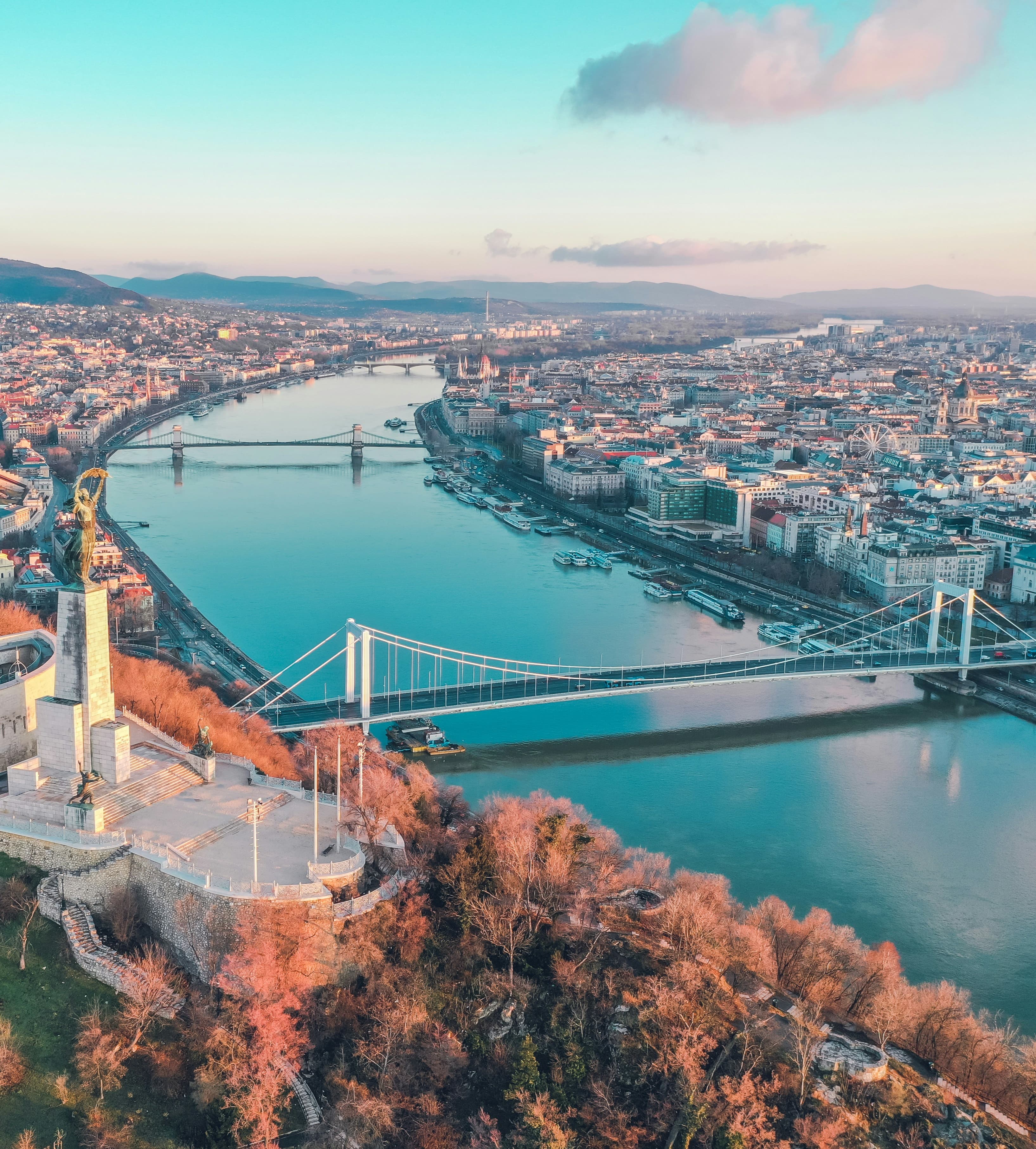 Aerial view of Budapest along the banks of the Danube River.