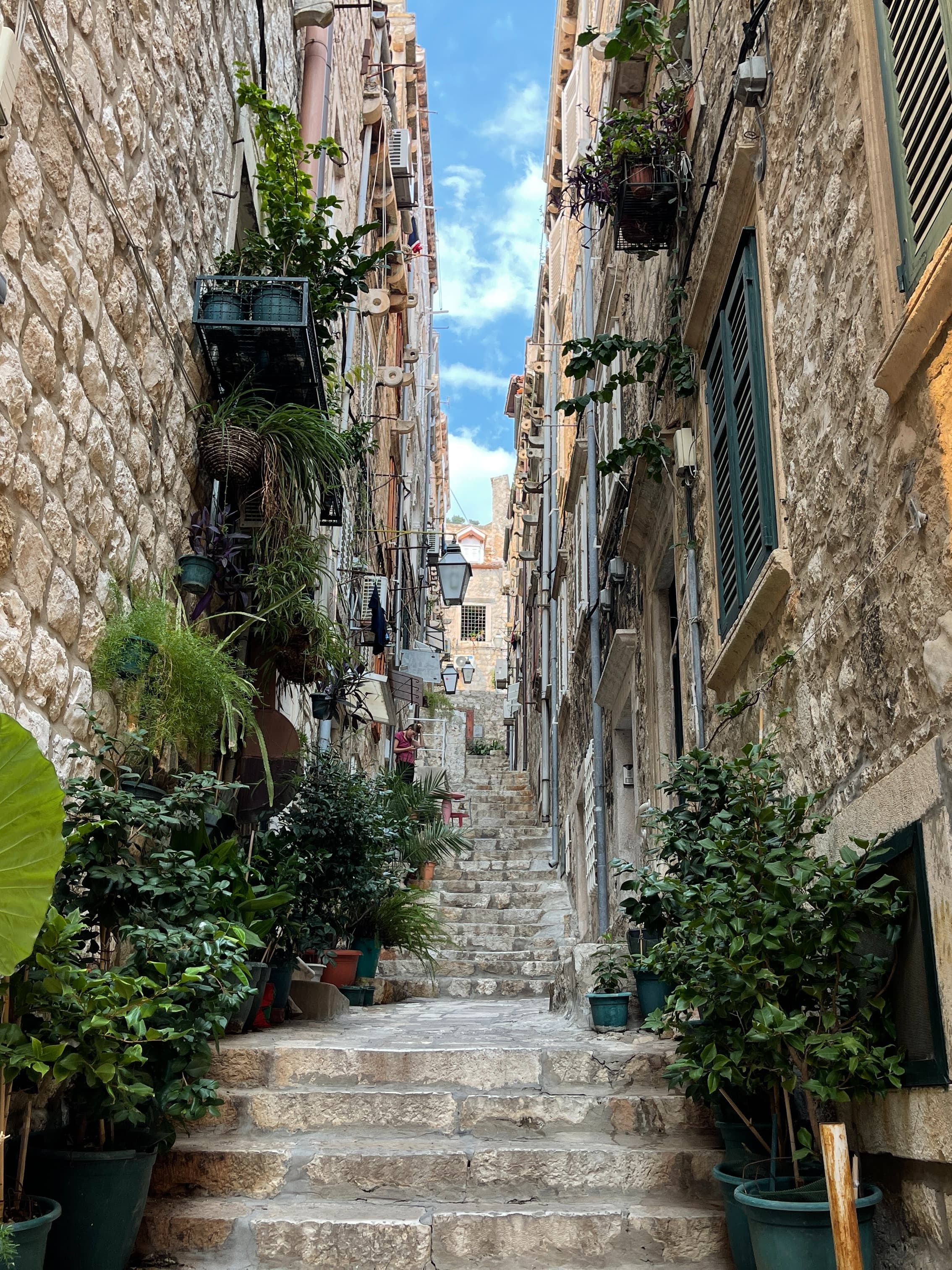 Narrow alleyway and stairway in Dubrovnik with plant pots and street lamps.