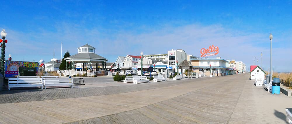 Restaurants along the boardwalk at Rehoboth beach.