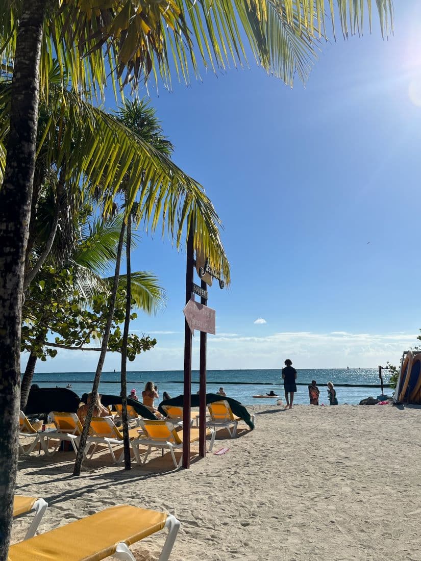 A view of Mahogany Bay Beach with yellow lounge chairs and palm trees looking out over the ocean and a blue sky above.