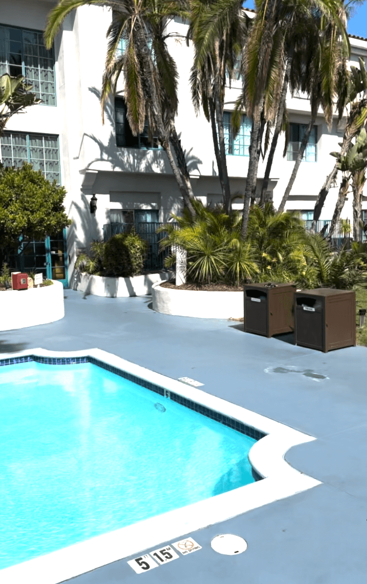 An outdoor swimming pool area