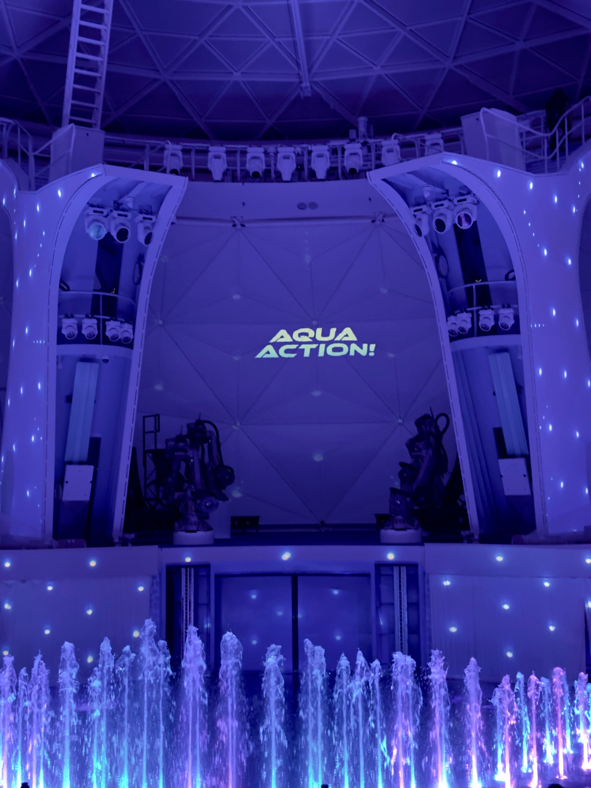 Aqua Action Show lighting up the auditorium in a purple hue.