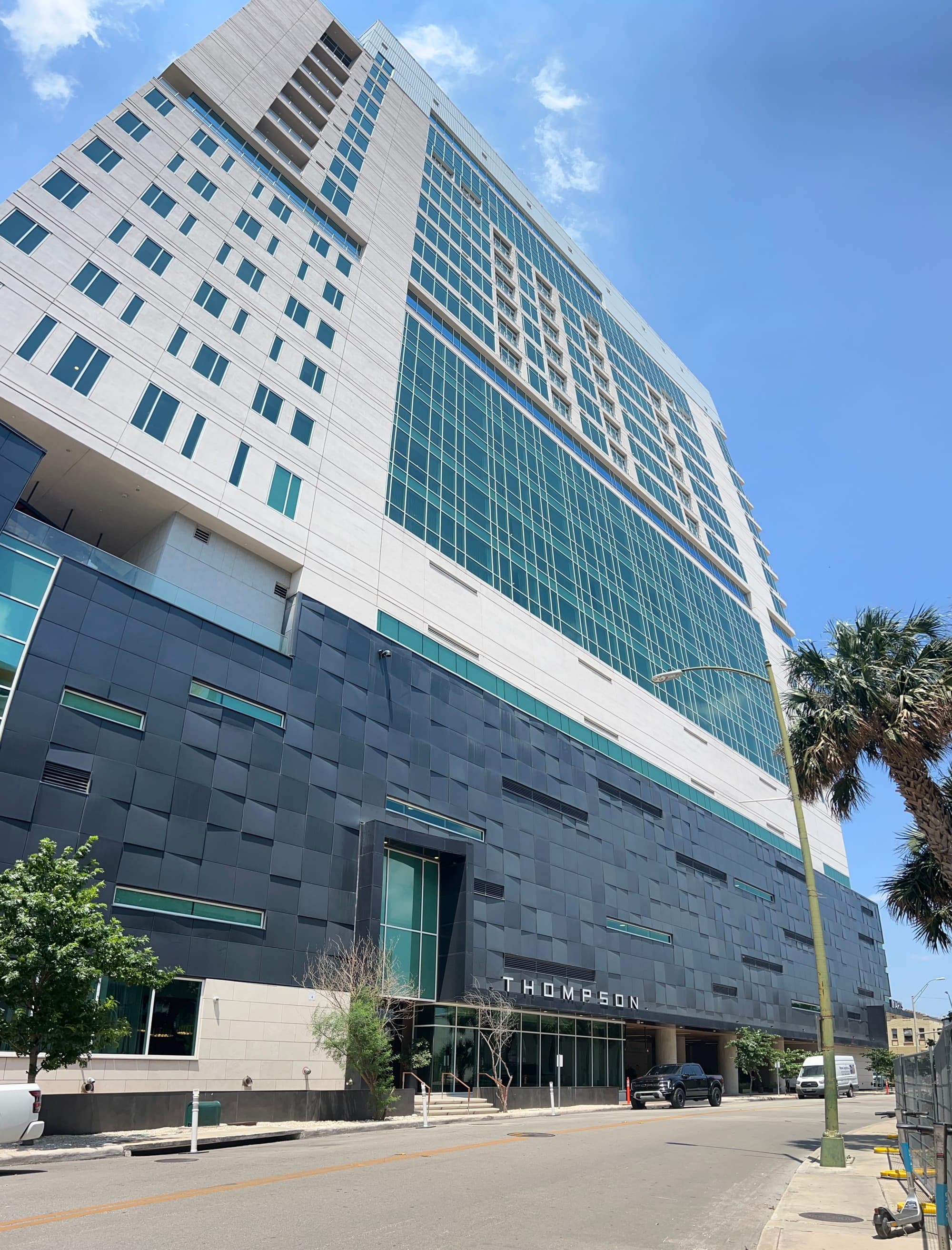 A low-angled view of a tall city building