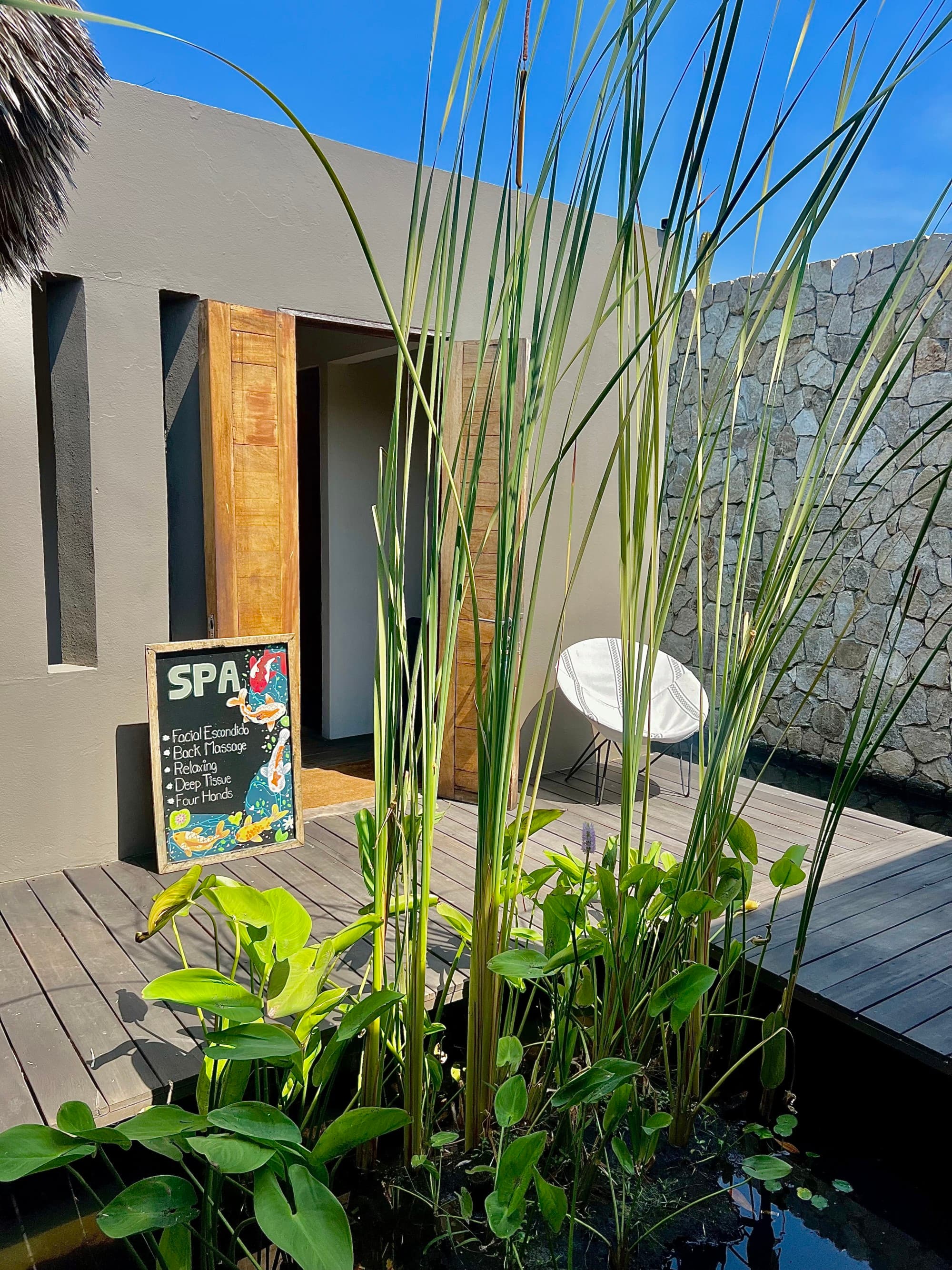 Spa entrance with a pond with water plants.