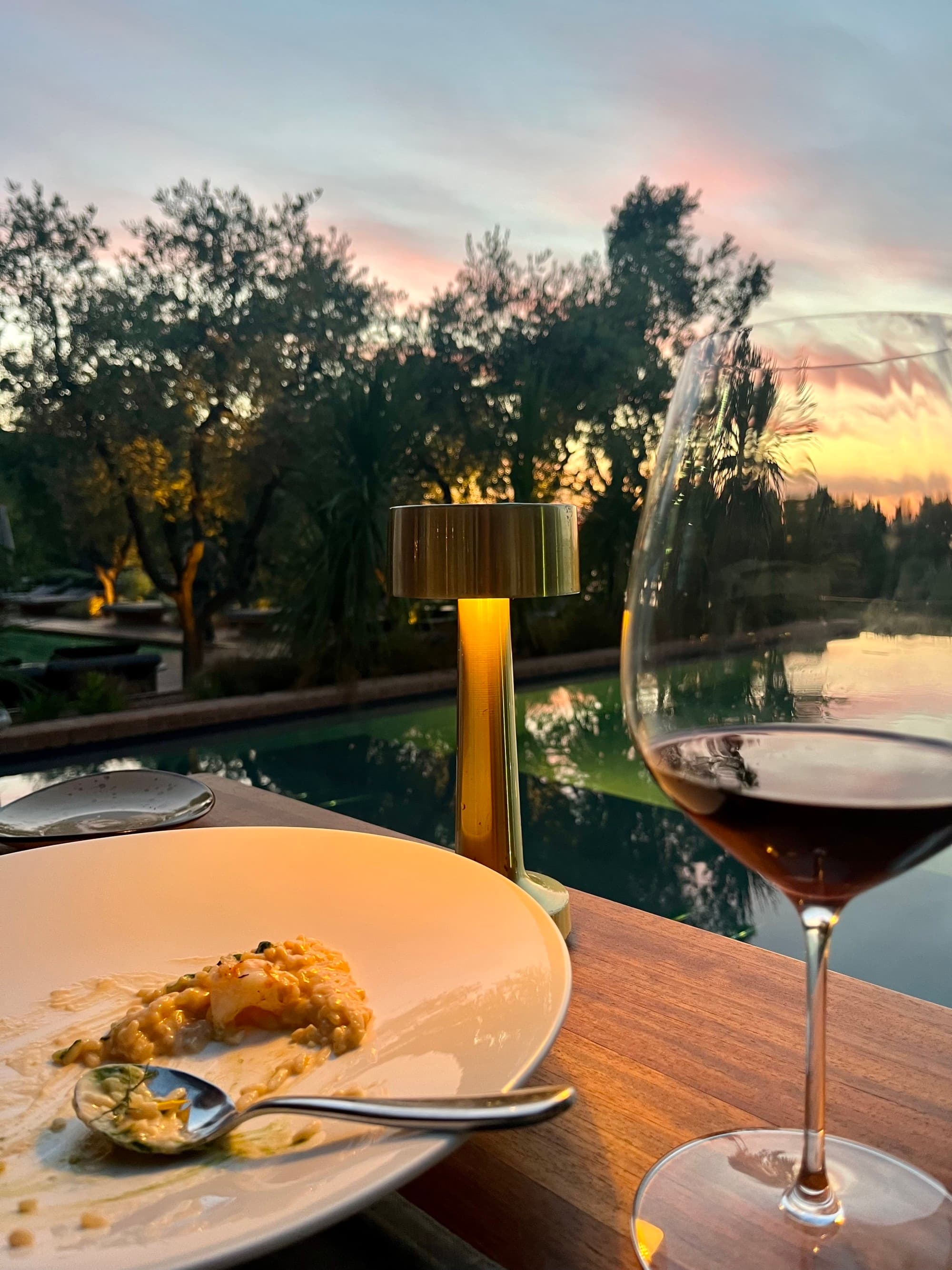 Glass of wine and plate of partially eaten dinner next to a pool.