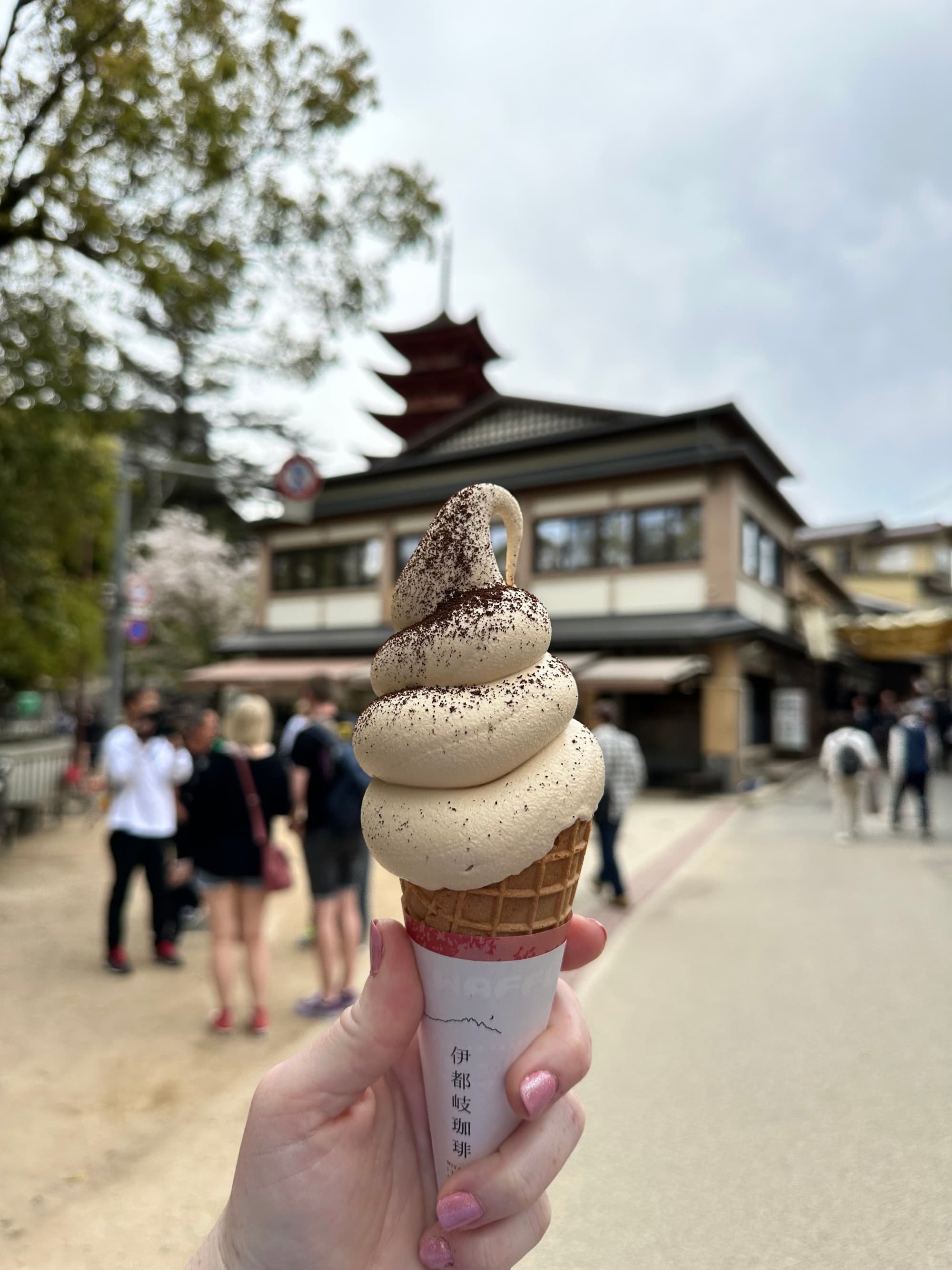Ice cream cone with a temple in the background.