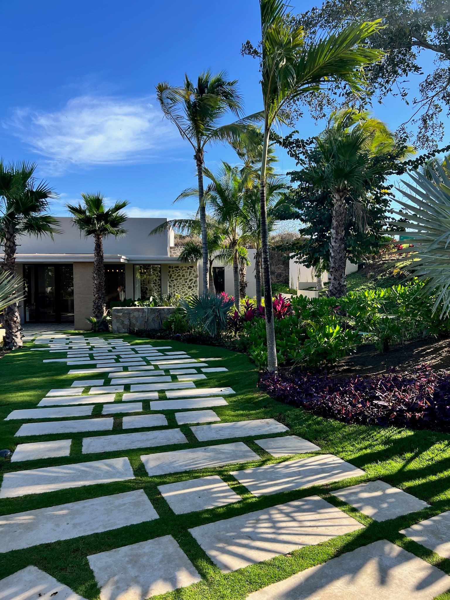 An exterior view of the hotel grounds, with a stone footpath, tropical greenery and a sunny sky.