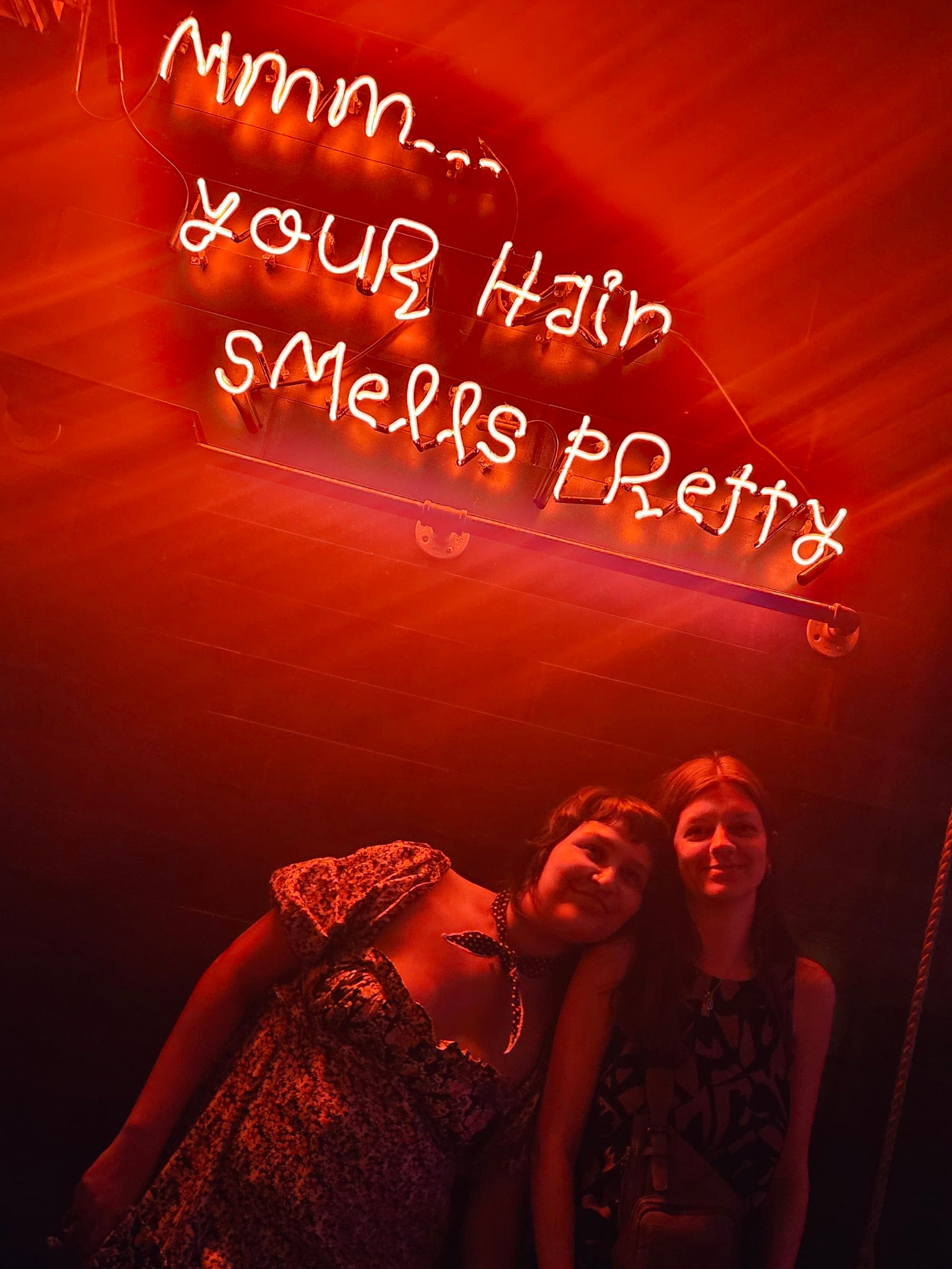 The interior of the red-headed stepchild bar, with two people standing in front of a red neon sign that says "Mmm... your hair smells pretty" - Nicole Diez