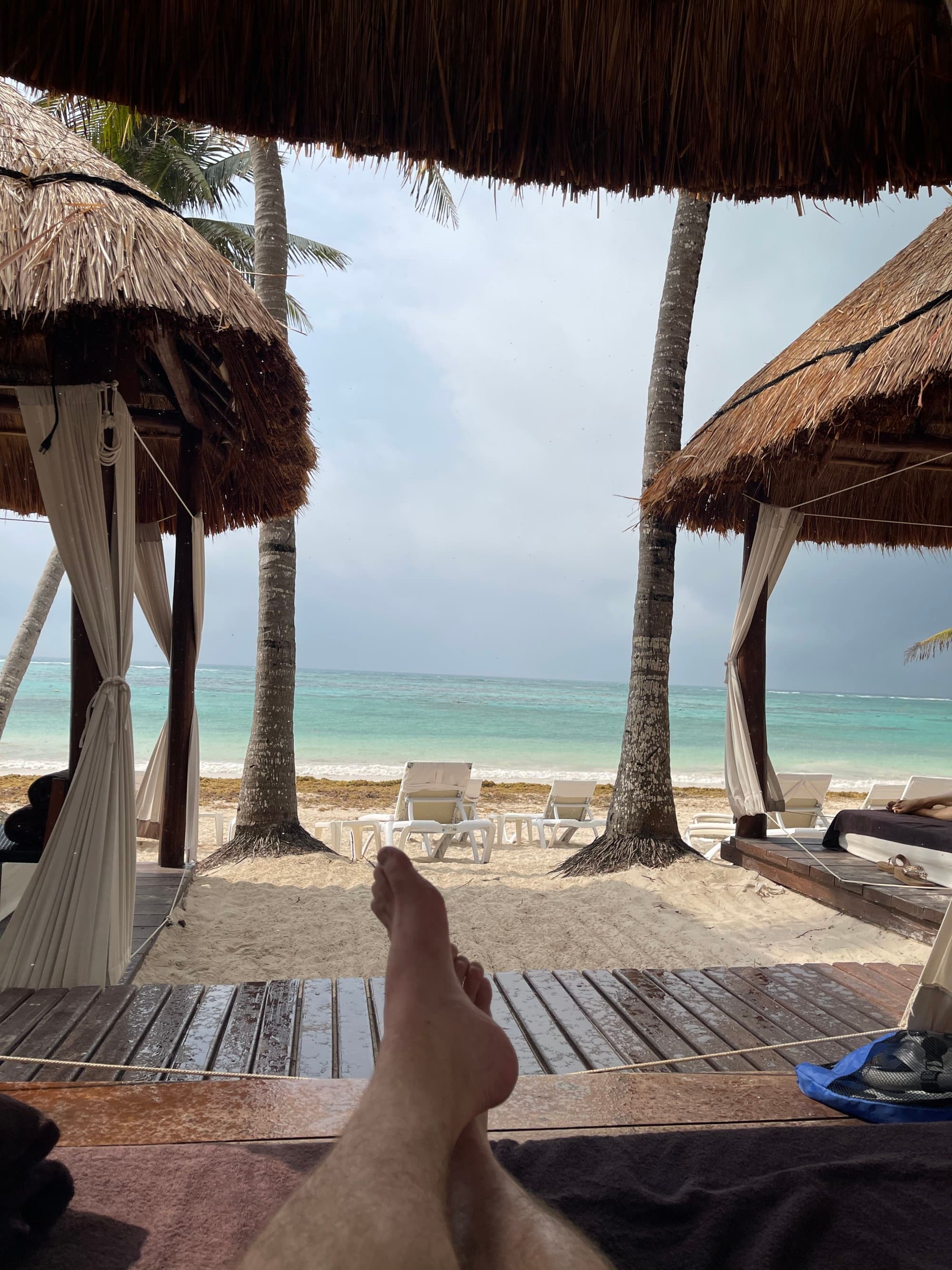 Sun loungers on the beach during the daytime