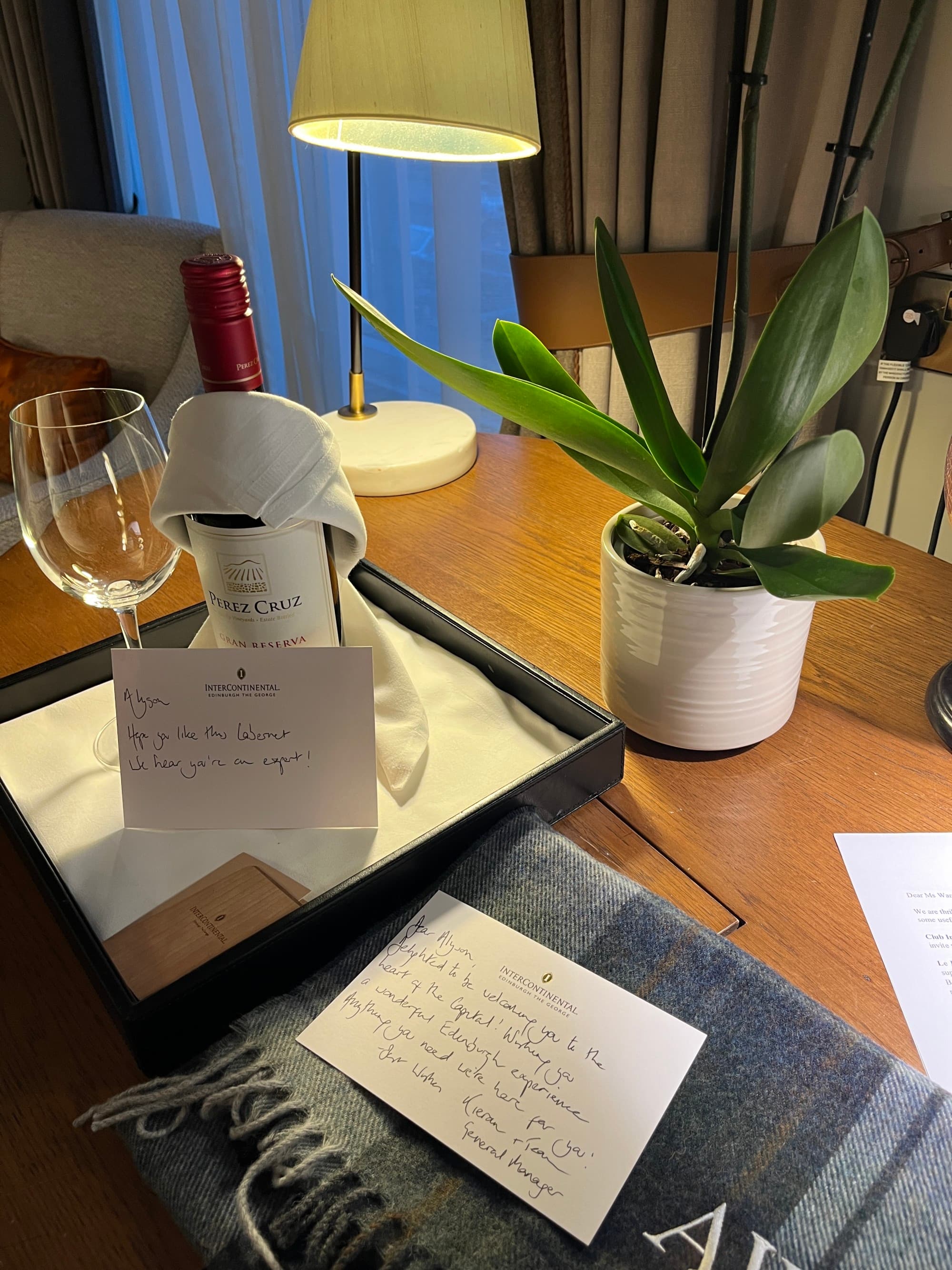 A desk in a hotel room with a plant and notes on top