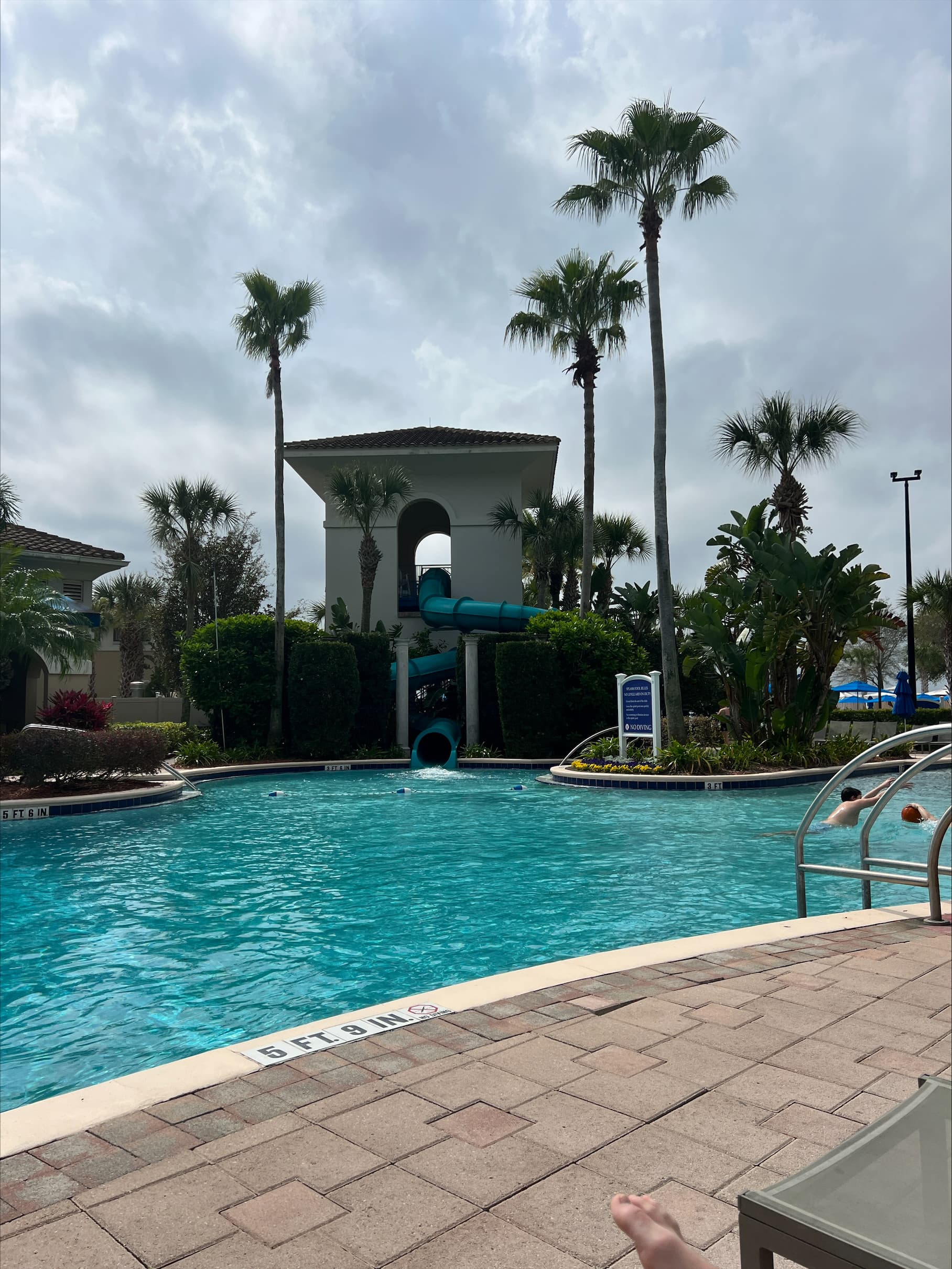 A pool area surrounded by trees