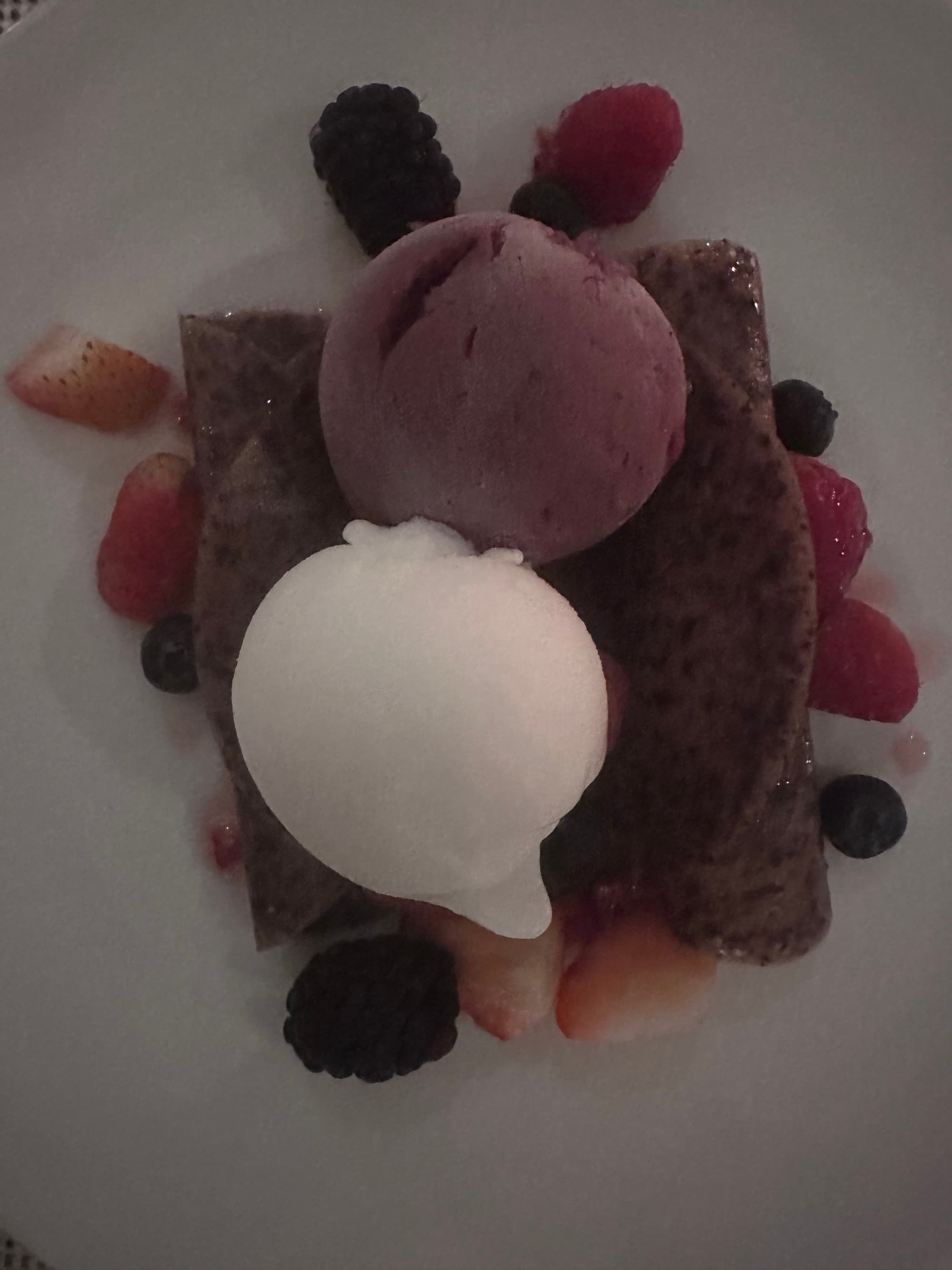 A white plate full of a dessert entree with ice cream, berries and a pastry.