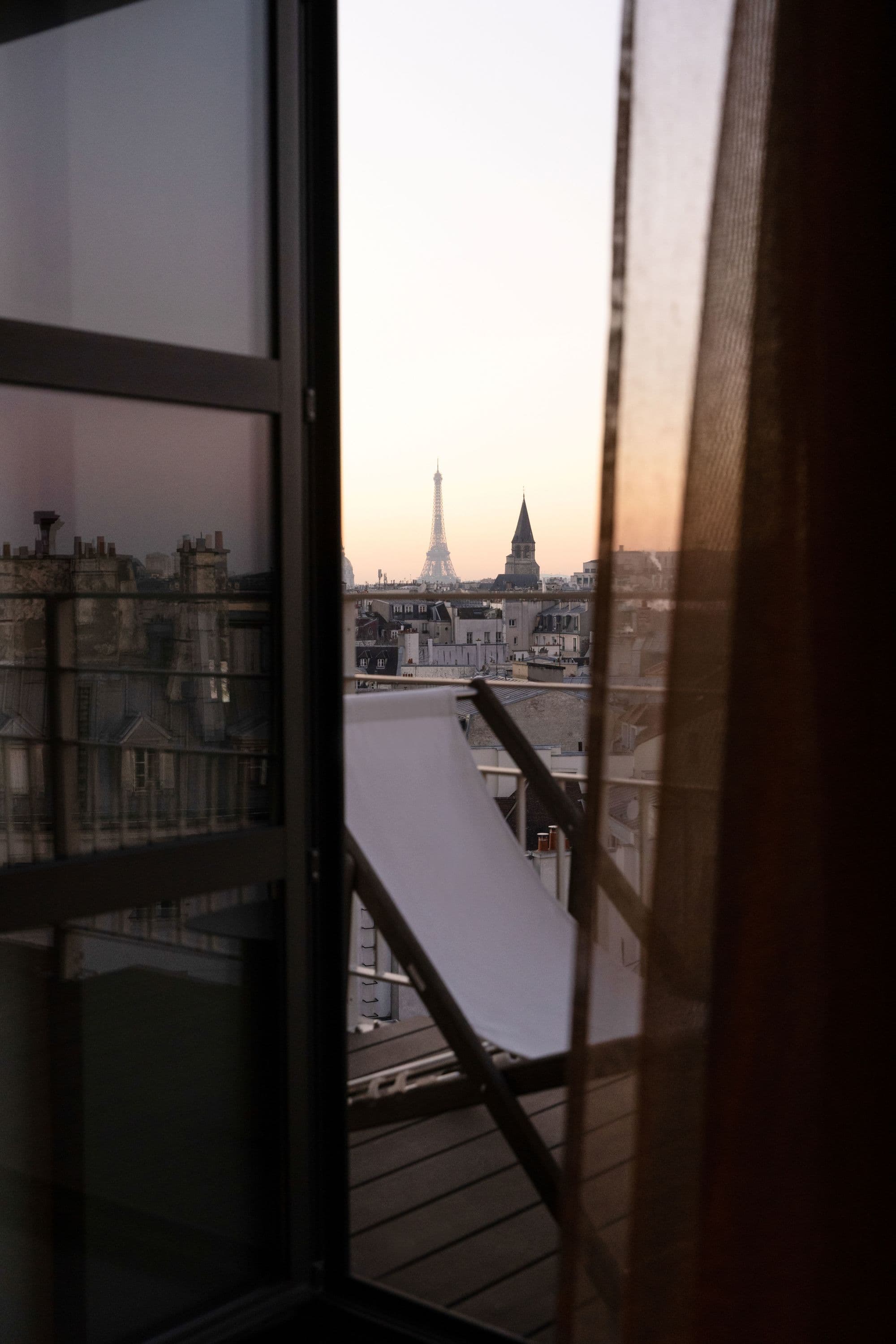 A view of the Eiffel tower from a window in the Hotel Dame des Artes, in one of the best areas in Paris.
