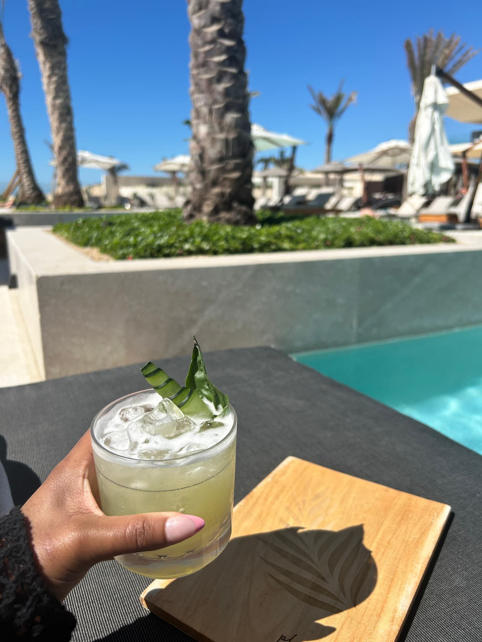 A person holding a margarita glass over a wooden table outside next to a bright blue swimming pool and palm tree.